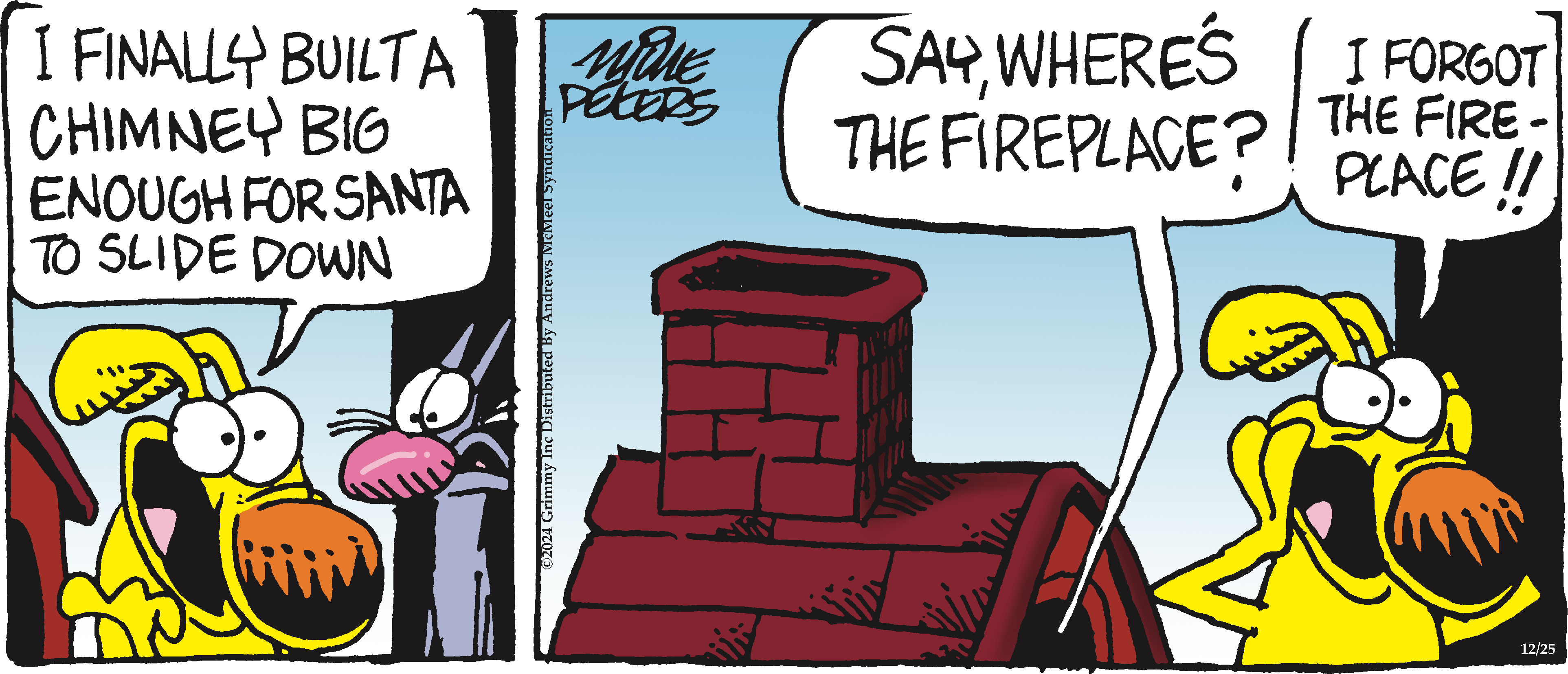 Cartoon featuring a cat and a chimney, with the cat asking about the fireplace, illustrating a humorous dialogue about holiday traditions.