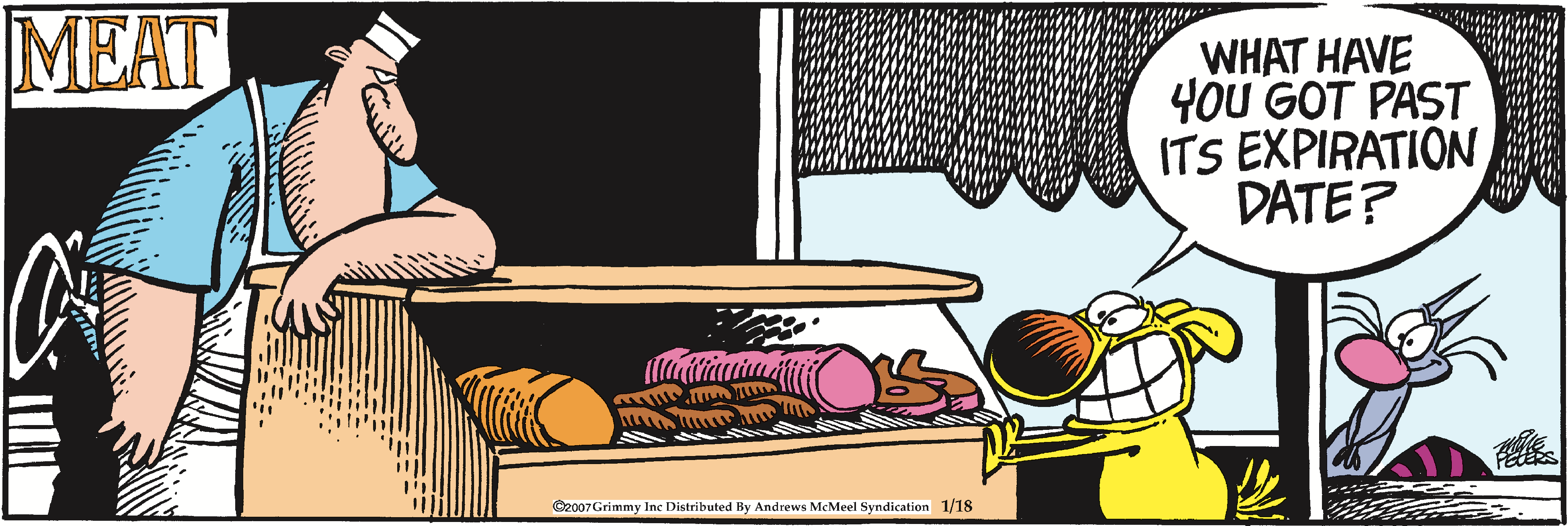 Cartoon image of a character peeking into a refrigerator filled with various meats, including sausages, ham, and bread. The scene is set in a cozy kitchen with a window and curtains.