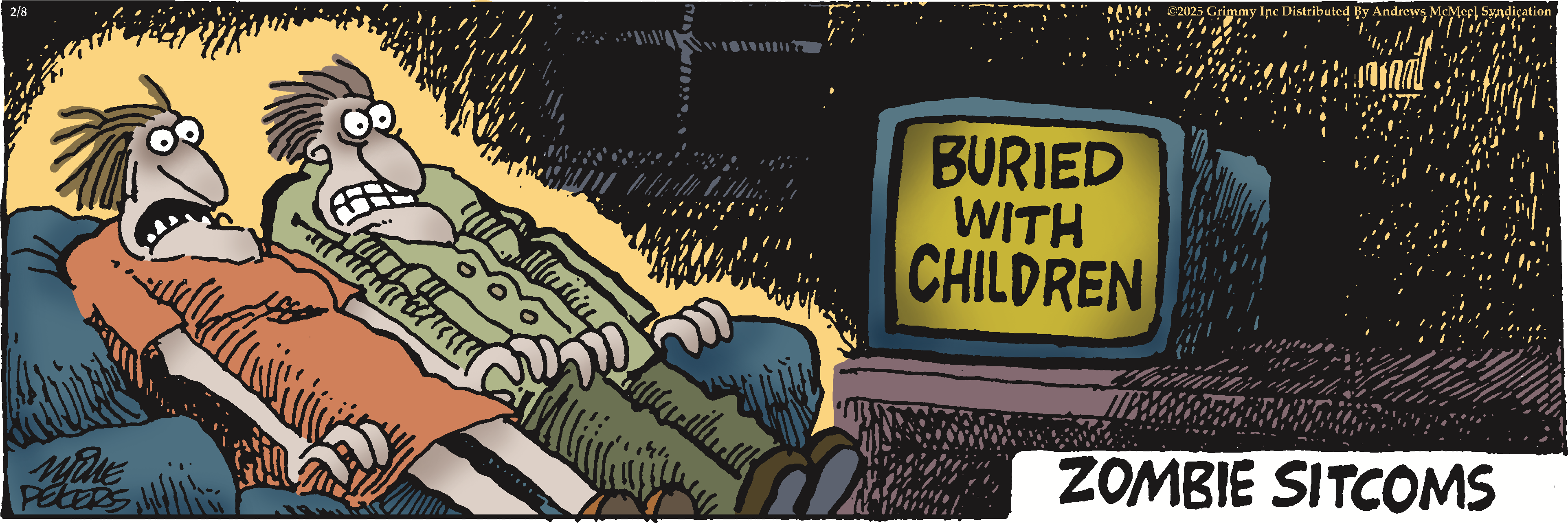 A cartoon depicting two zombie characters sitting on a couch, watching a television that displays the title 