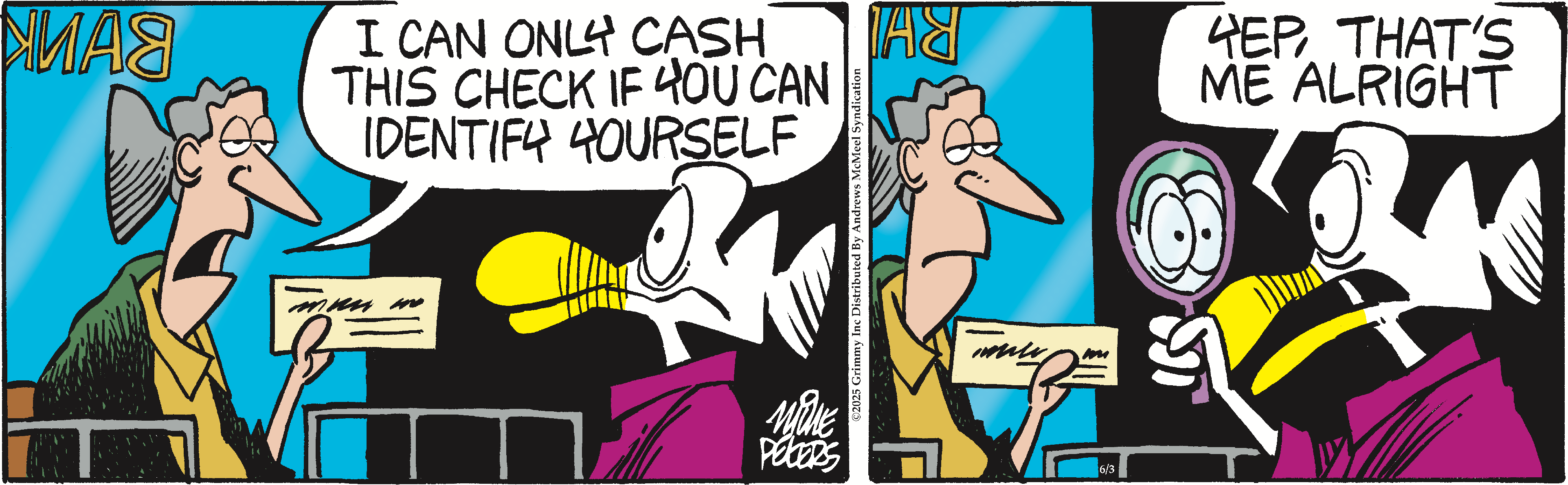 A humorous cartoon depicting a bank scene where a bank teller asks a customer, who is a bird, to identify himself in order to cash a check. The bird responds affirmatively while looking in a mirror, showcasing a playful interaction about identity verification in banking.