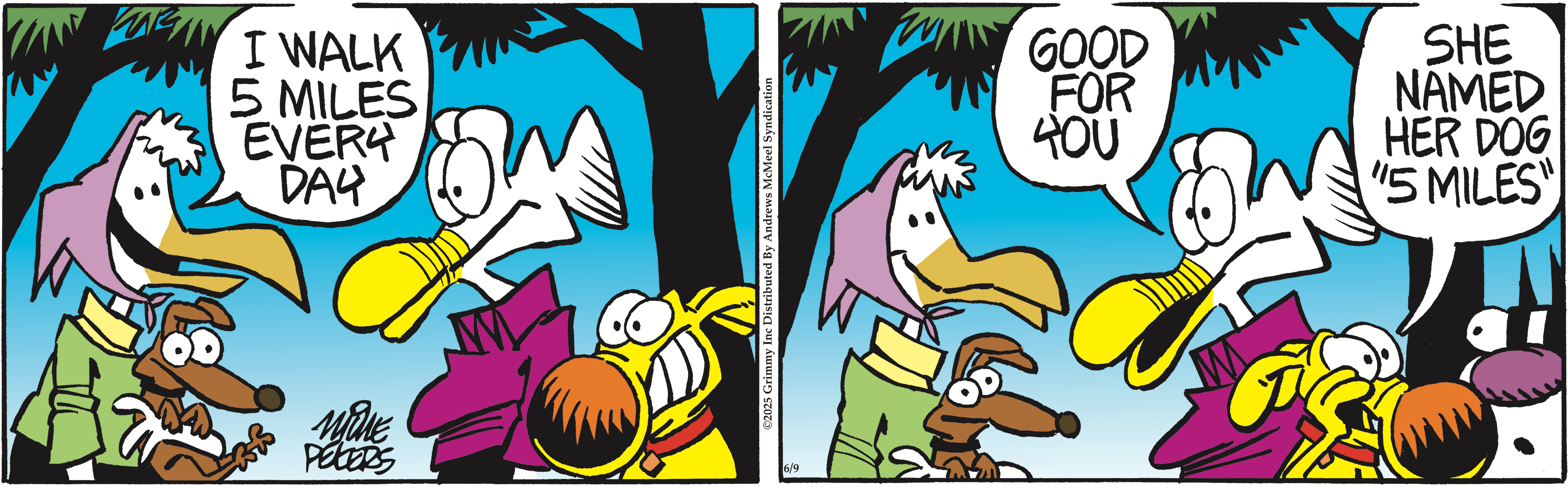 Cartoon featuring anthropomorphic animals discussing exercise; a bird proudly states it walks five miles daily, while another character humorously reveals that a dog is named 