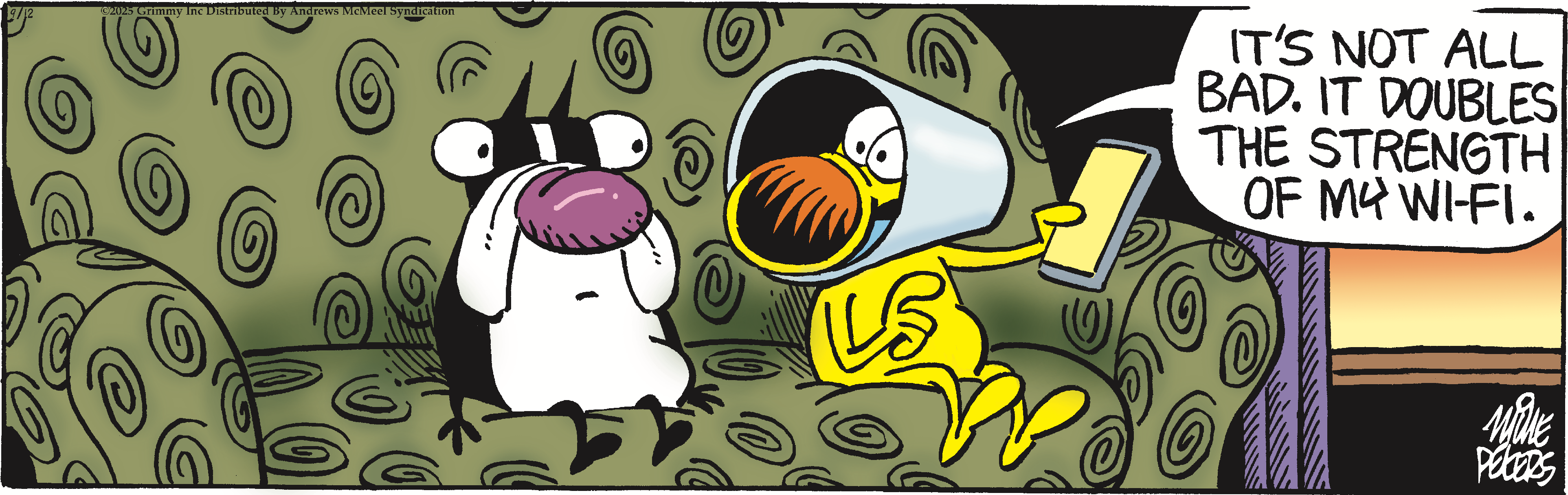 Cartoon characters sitting on a couch, one resembling a cow with a purple nose and the other a yellow figure wearing a bucket as a hat, both displaying exaggerated facial expressions in a whimsical setting.