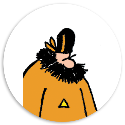 Cartoon illustration of a bearded man wearing an orange coat and a black hat, with a triangle symbol on his chest, set against a white circular background.