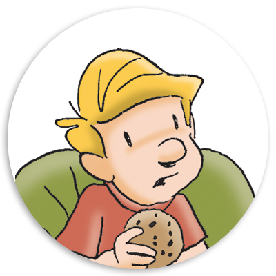 Young boy with blonde hair sitting on a green chair, holding a cookie, looking concerned or surprised.
