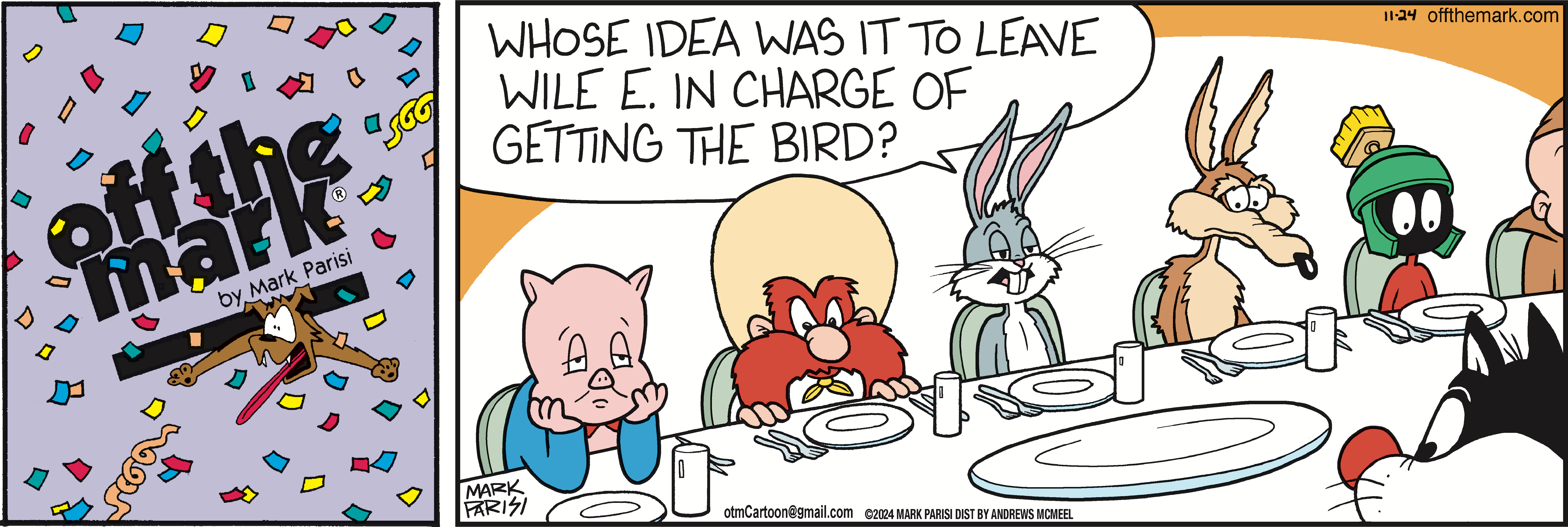 Cartoon featuring Bugs Bunny, Daffy Duck, and Porky Pig sitting at a dinner table, with a humorous dialogue about leaving Wile E. Coyote in charge of getting a bird. The characters display expressions of confusion and frustration, highlighting the comedic nature of the situation.