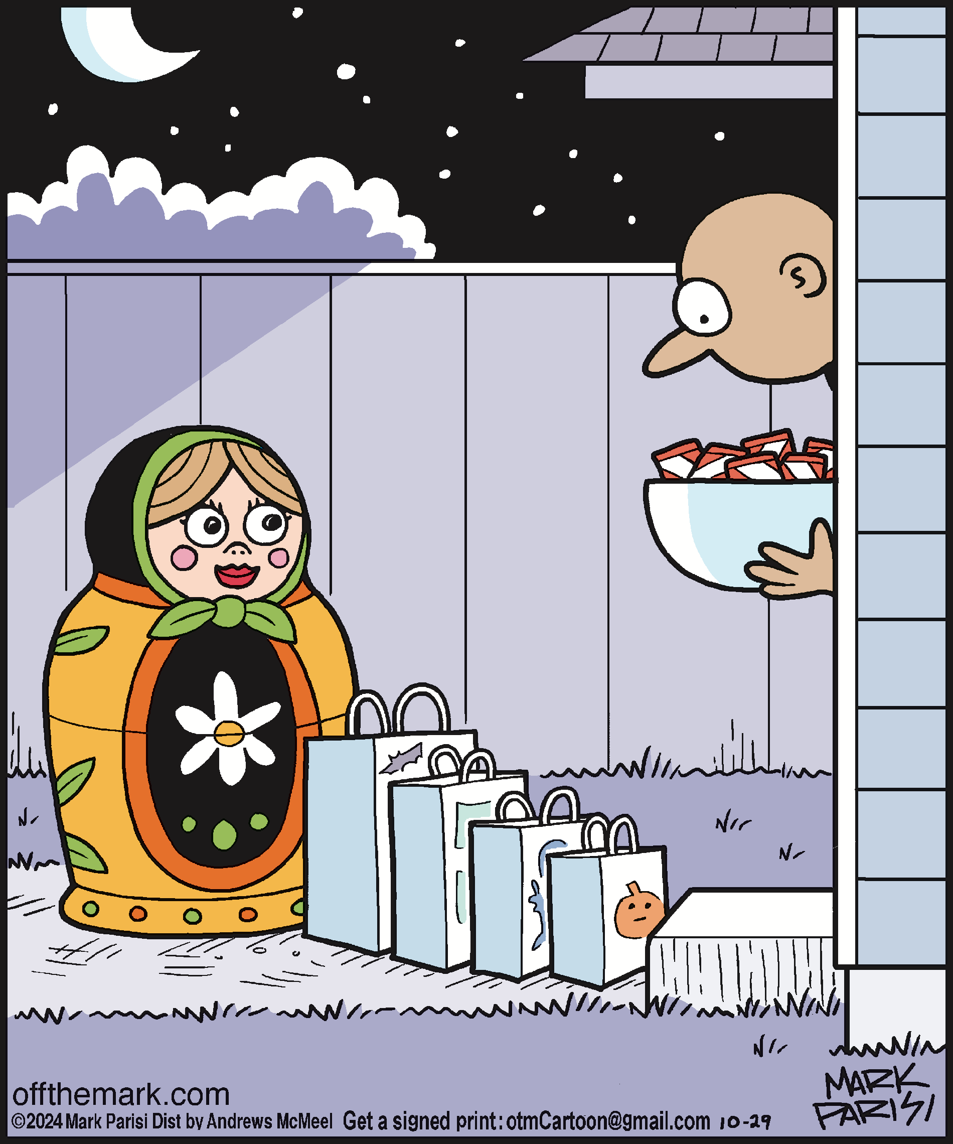 Cartoon featuring a whimsical scene at night with a surprised character resembling a Matryoshka doll and a man holding a bowl of candy. The background shows a fenced yard with shopping bags on the ground, highlighting a humorous Halloween theme.