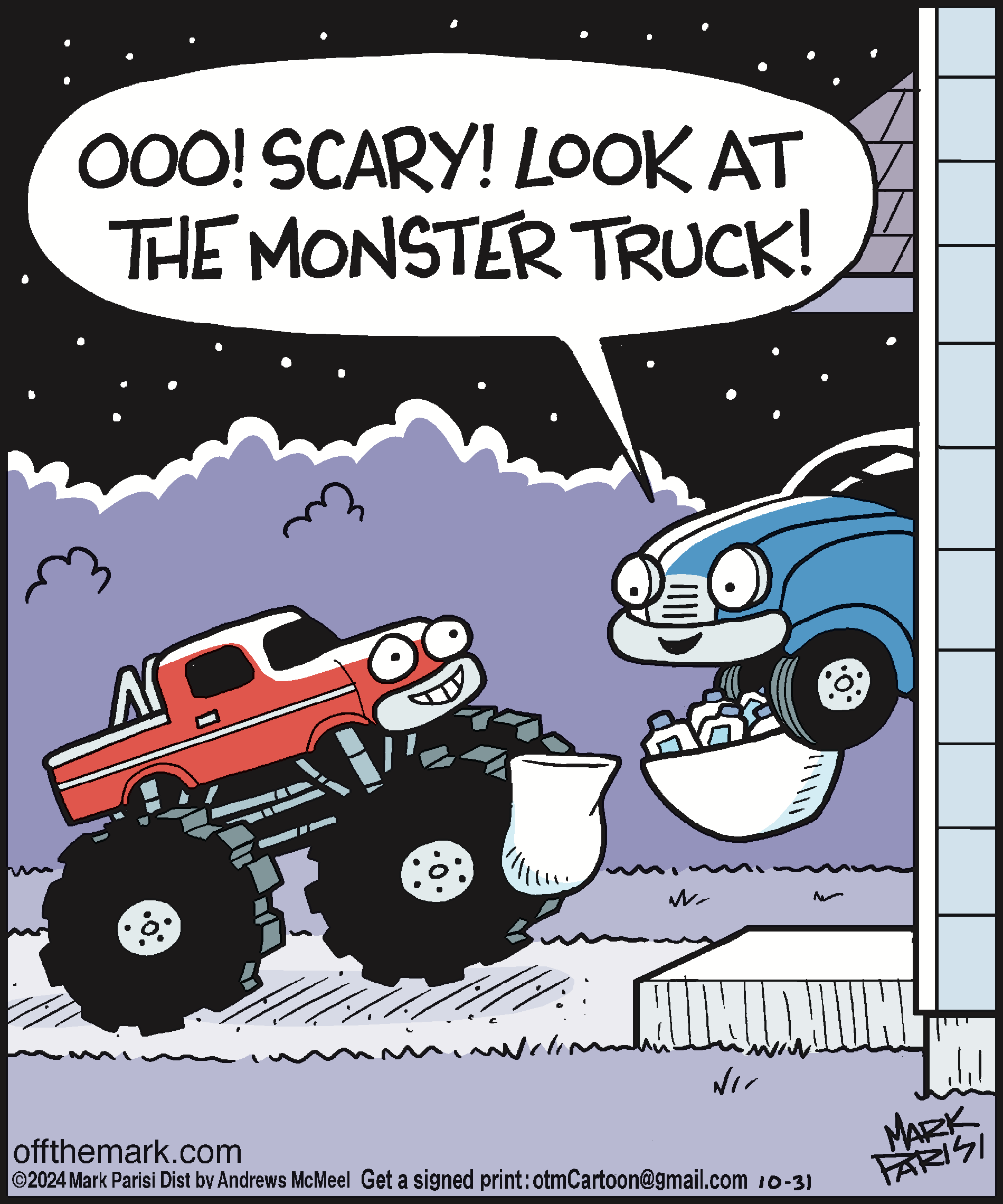 Cartoon illustration of a blue car excitedly pointing at a large red monster truck at night, with a speech bubble expressing surprise. The scene captures a fun, playful moment in a whimsical style.