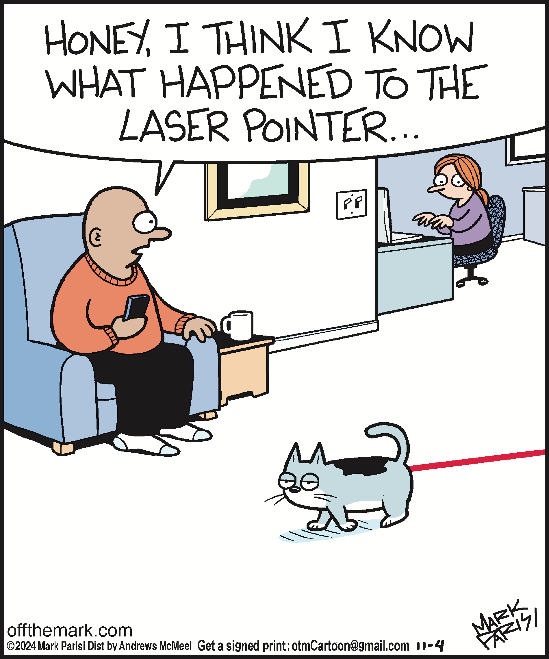 A humorous cartoon depicting a man sitting on a couch with a smartphone, while his partner works at a desk. A cat follows a red laser pointer on the floor, prompting the man to suggest he knows what happened to it.