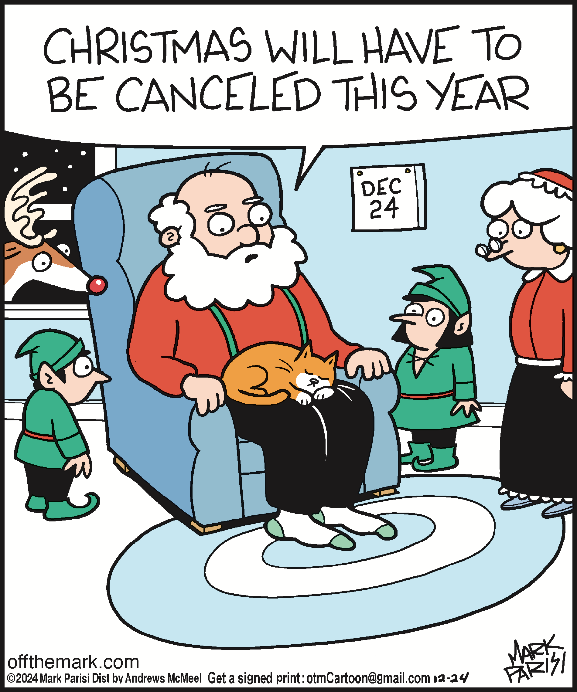 Santa Claus sitting in a chair with a cat on his lap, surrounded by worried elves and Mrs. Claus, as a calendar shows December 24, humorously announcing that Christmas will be canceled this year.