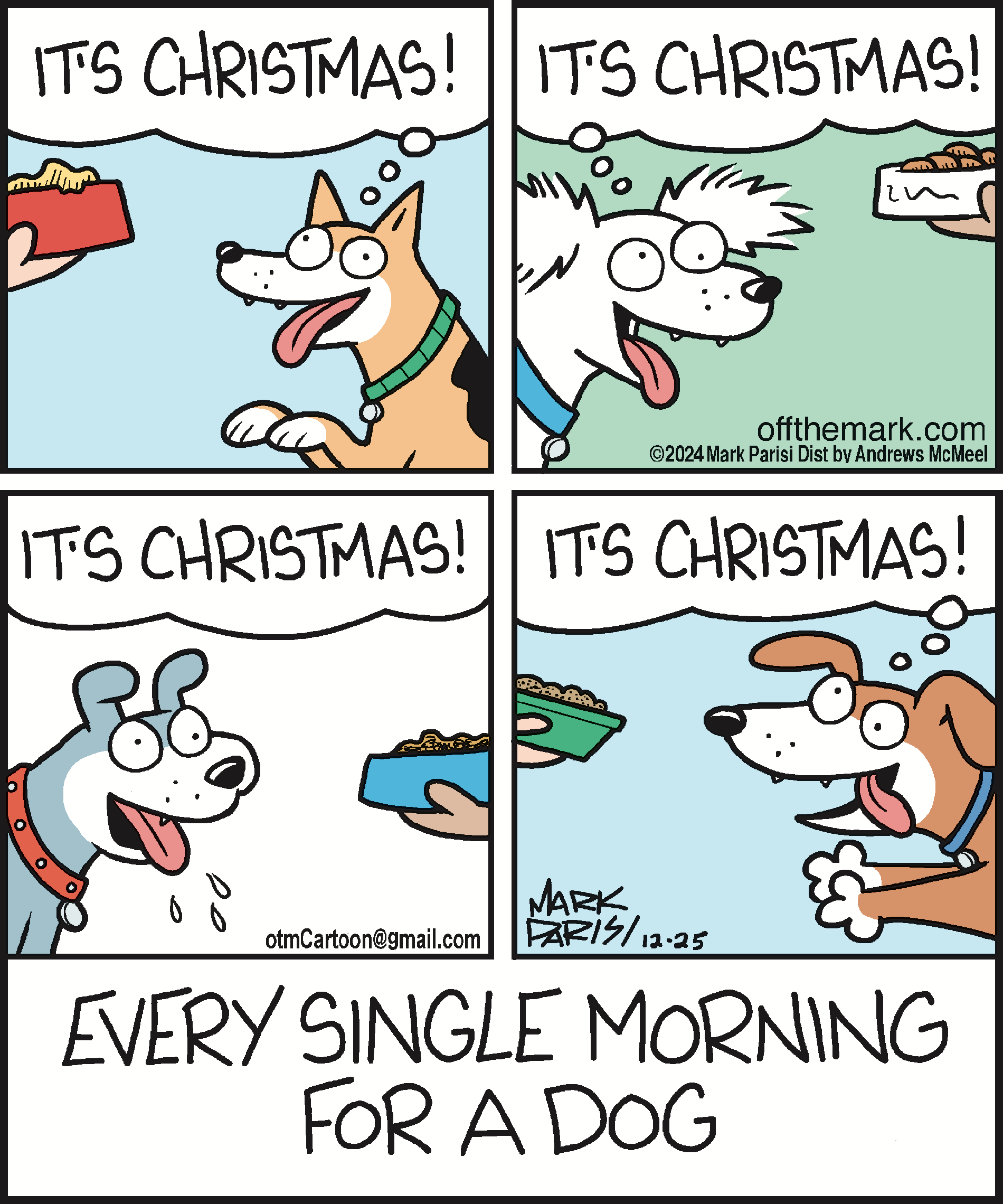 A comic strip featuring two dogs joyfully reacting to receiving food, with one dog exclaiming 