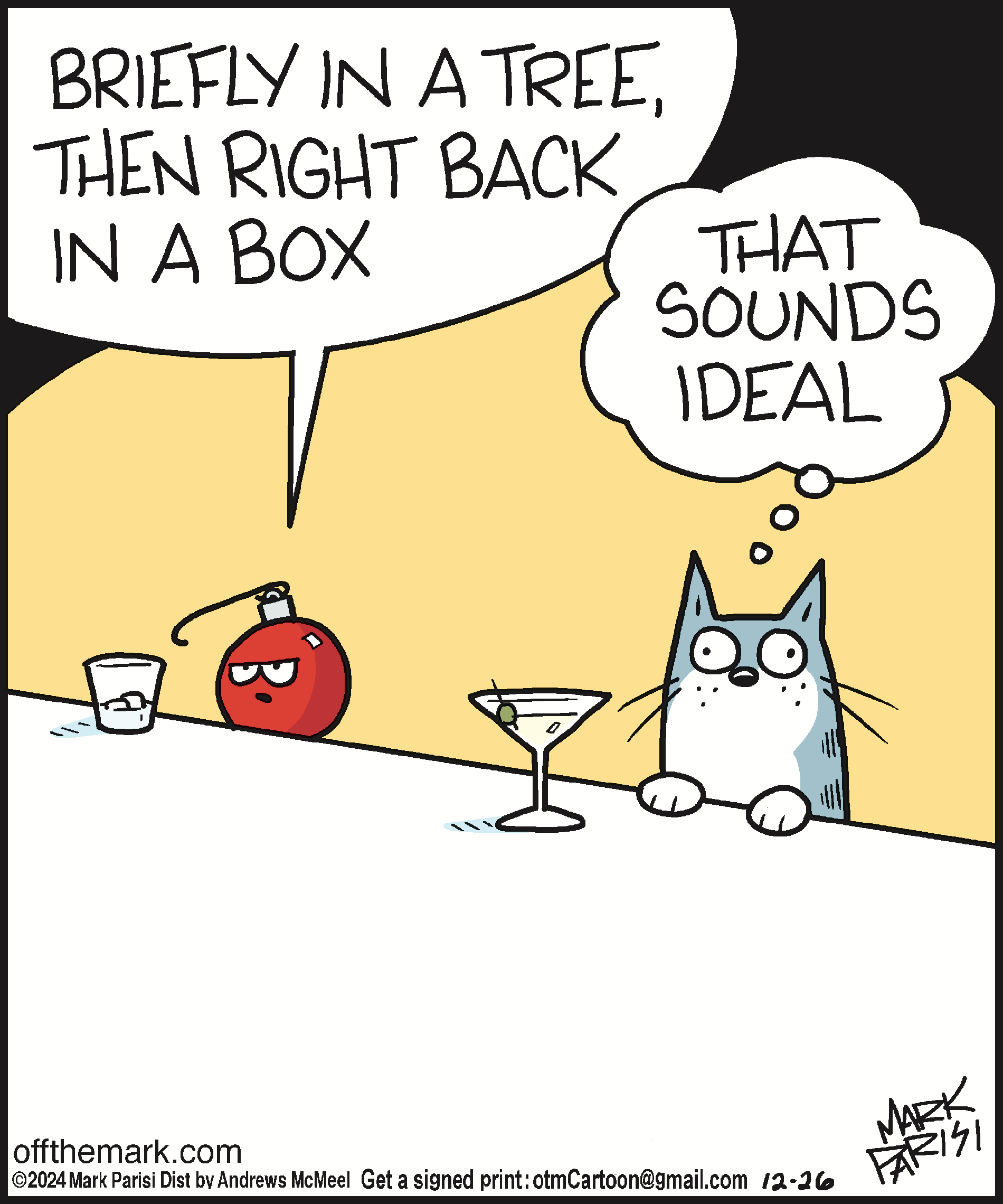 Cartoon featuring a cat and a bottle at a bar. The bottle suggests a quick experience followed by being put back in a box, while the cat responds positively, indicating agreement. The scene humorously captures a quirky conversation about temporary enjoyment.