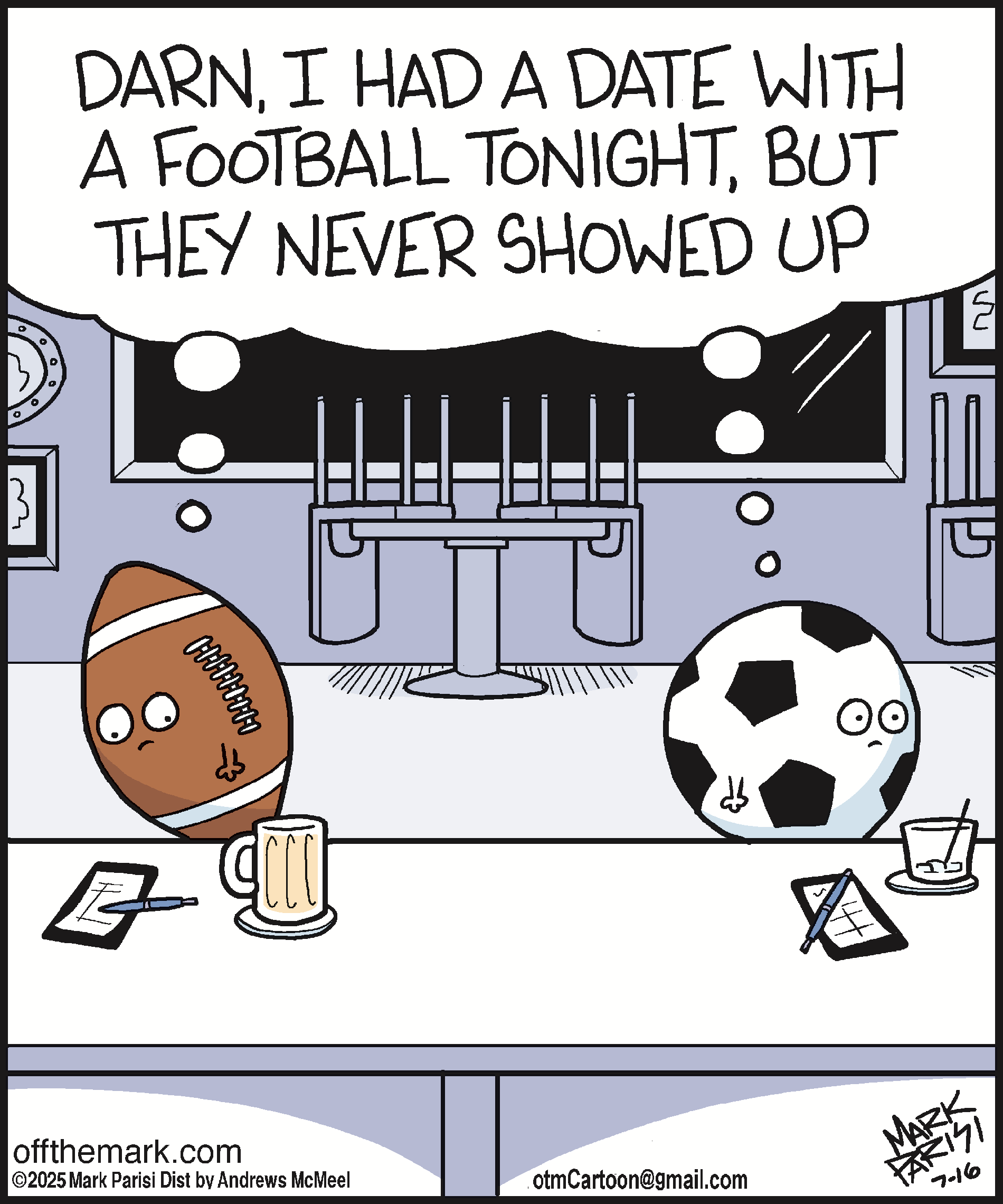 Cartoon depicting a conversation between a football and a soccer ball at a bar, expressing disappointment that friends were supposed to join for a game but didn't show up, highlighting the humorous side of sports socialization.