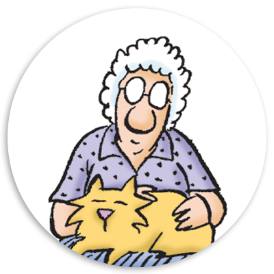 An elderly woman with curly white hair wearing glasses, gently petting a relaxed yellow cat while sitting on a blue striped surface.