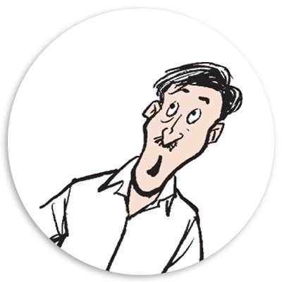Cartoon illustration of a cheerful man with a surprised expression, wearing a white shirt, set against a plain background.