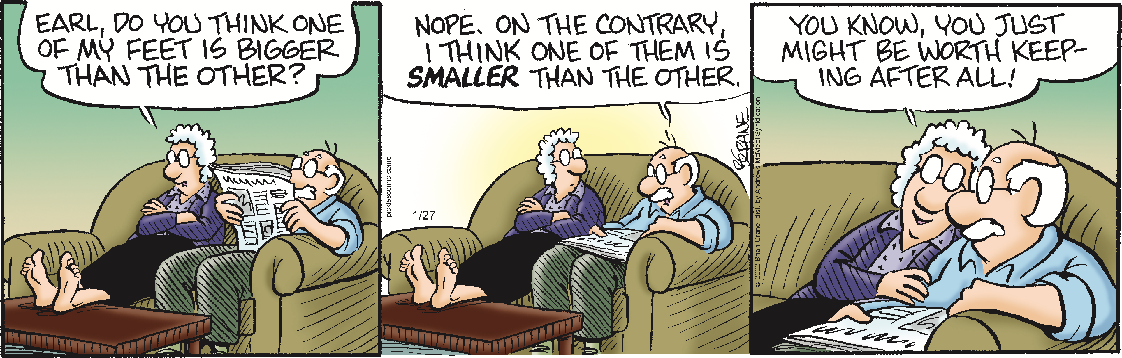Cartoon depicting a humorous conversation between two elderly characters on a couch. One character questions if their feet are different sizes, while the other playfully responds that one is actually smaller. The scene captures their light-hearted banter and affectionate relationship.