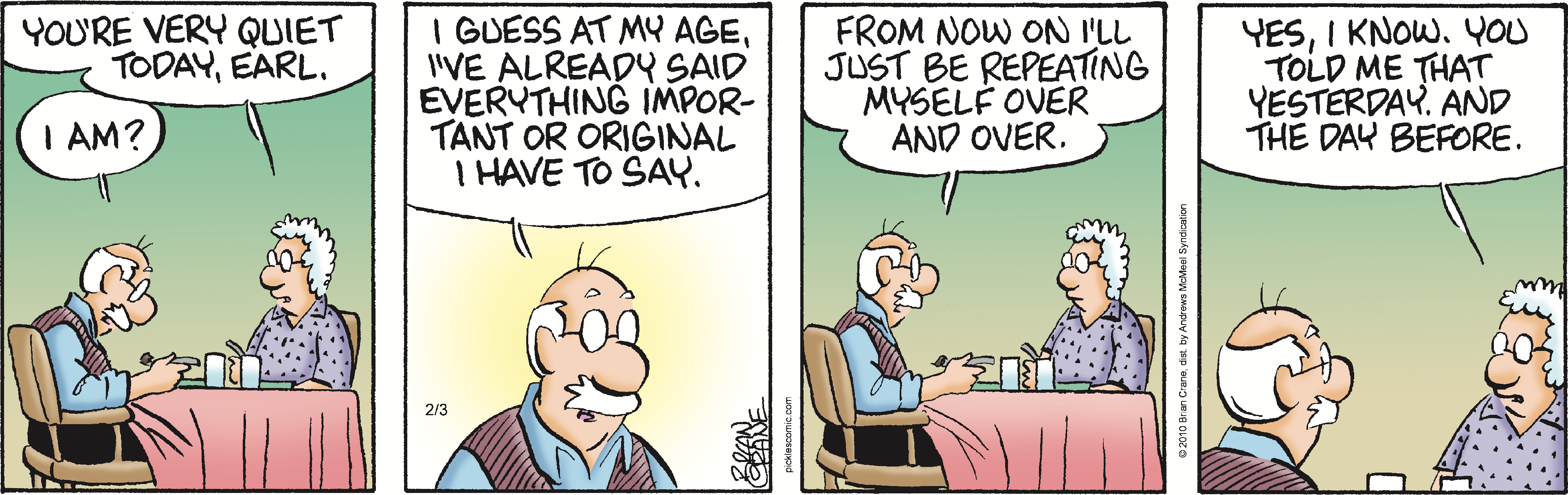 Cartoon depicting an elderly man sitting at a table, humorously reflecting on aging and the repetition of thoughts. The scene captures the essence of wit in everyday life, showcasing the character's lighthearted approach to growing older.