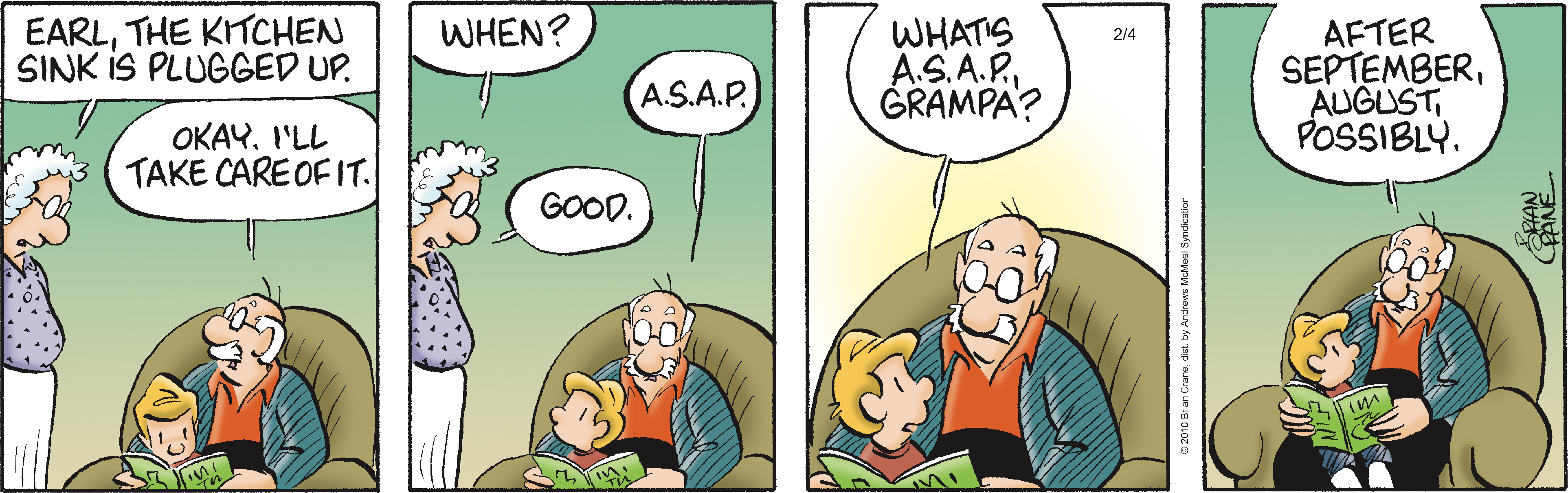 A grandfather and grandson sitting together on a couch, with the grandson asking about the meaning of 
