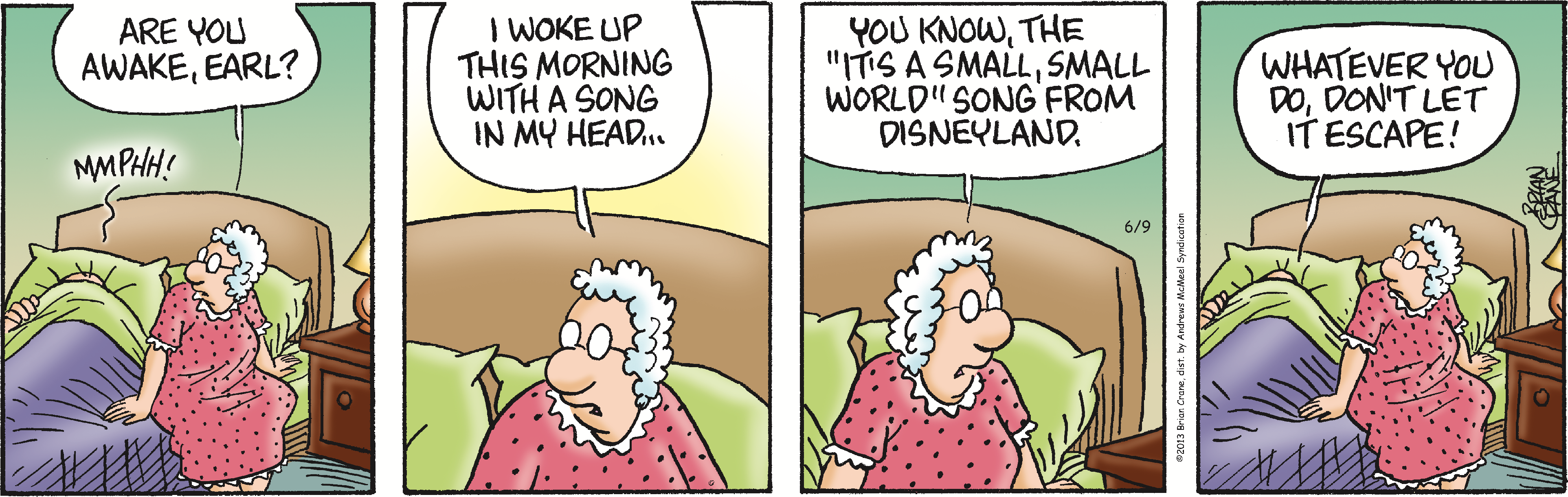 Cartoon depicting a humorous morning conversation between an elderly couple in bed. The woman expresses that she woke up with the Disneyland song 
