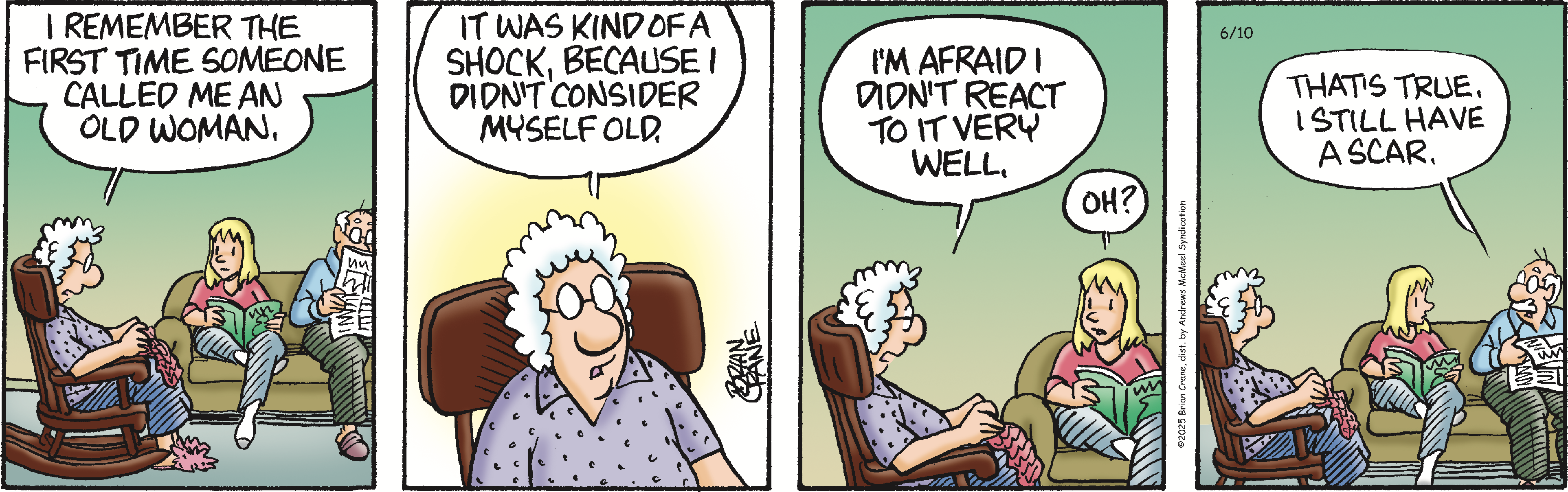 A humorous comic strip featuring an elderly woman reminiscing about the first time she was called 