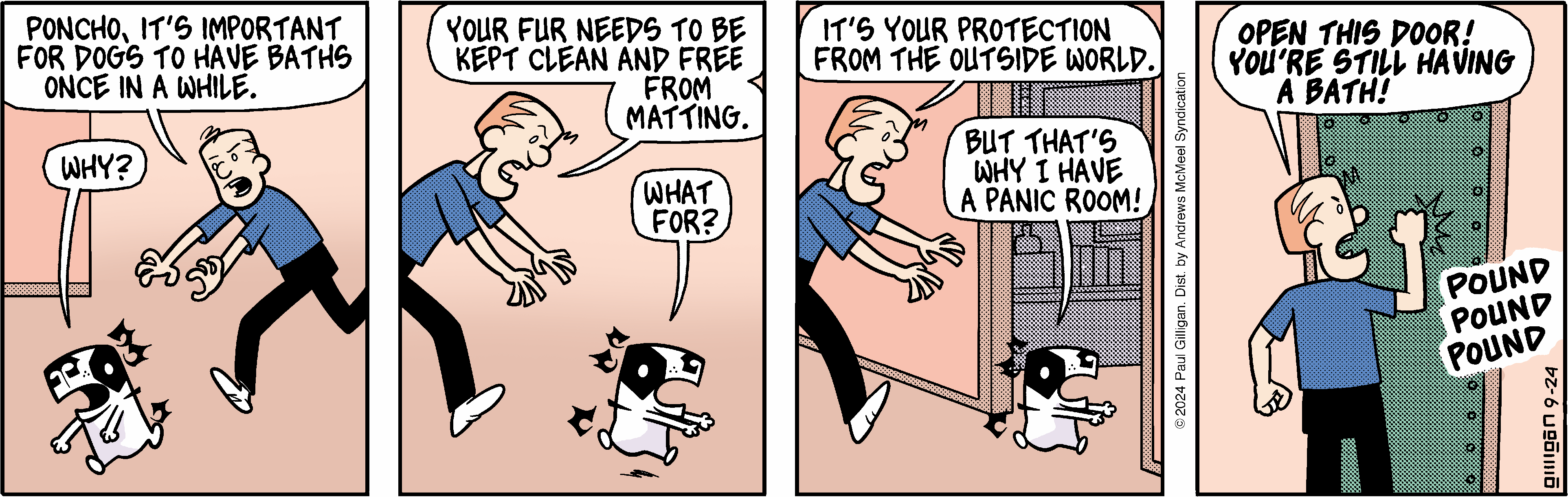A comic strip featuring a conversation between a person and a dog. The person explains the importance of keeping the dog's fur clean and free from matting, while the dog expresses confusion about the need for grooming. The second panel shows the person emphasizing the dog's protection from the outside, while the dog questions why it should be kept away.