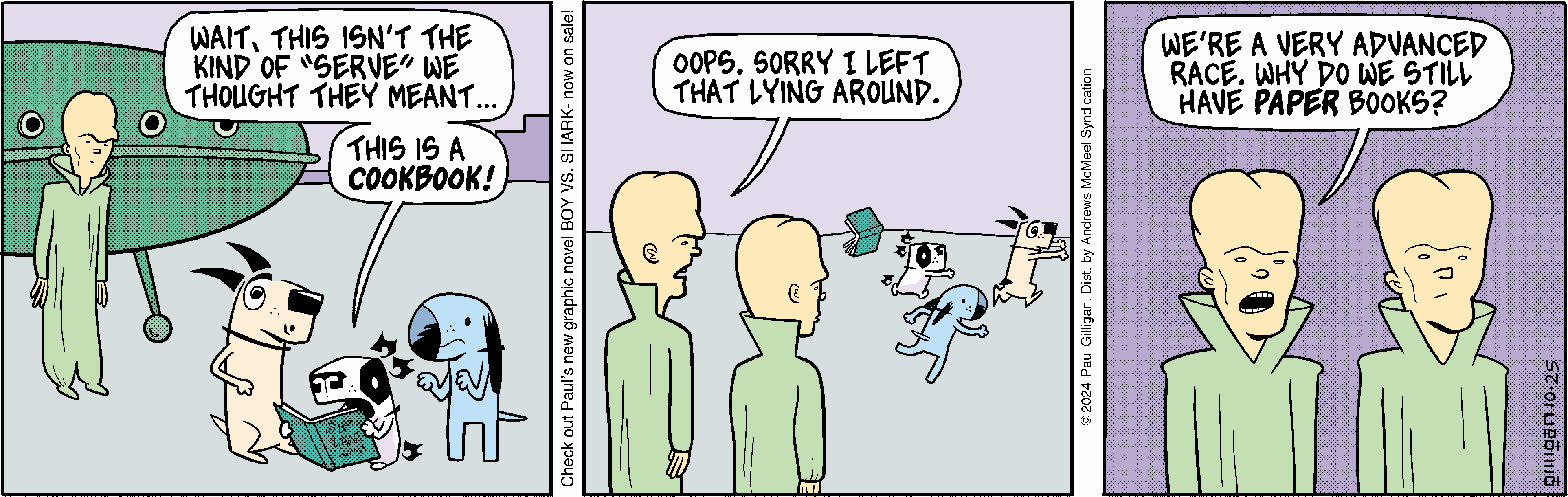 Cartoon featuring aliens and a dog, discussing a cookbook in a humorous context. One alien expresses confusion about the nature of the 