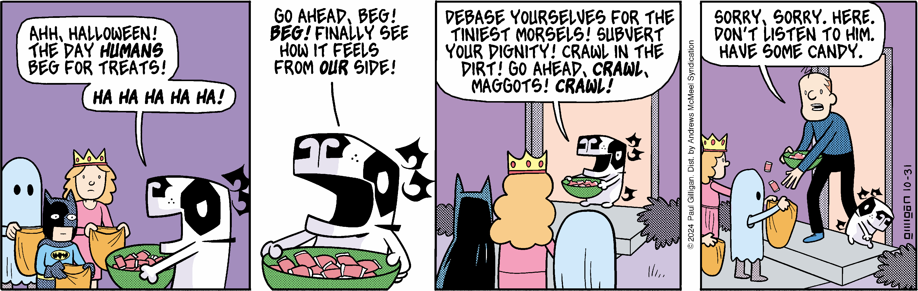 Cartoon scene featuring a character with a bowl of food, encouraging others to debase themselves and eat dirt, while two other characters, a princess and a superhero, look on. The image conveys humor and absurdity in a playful context.
