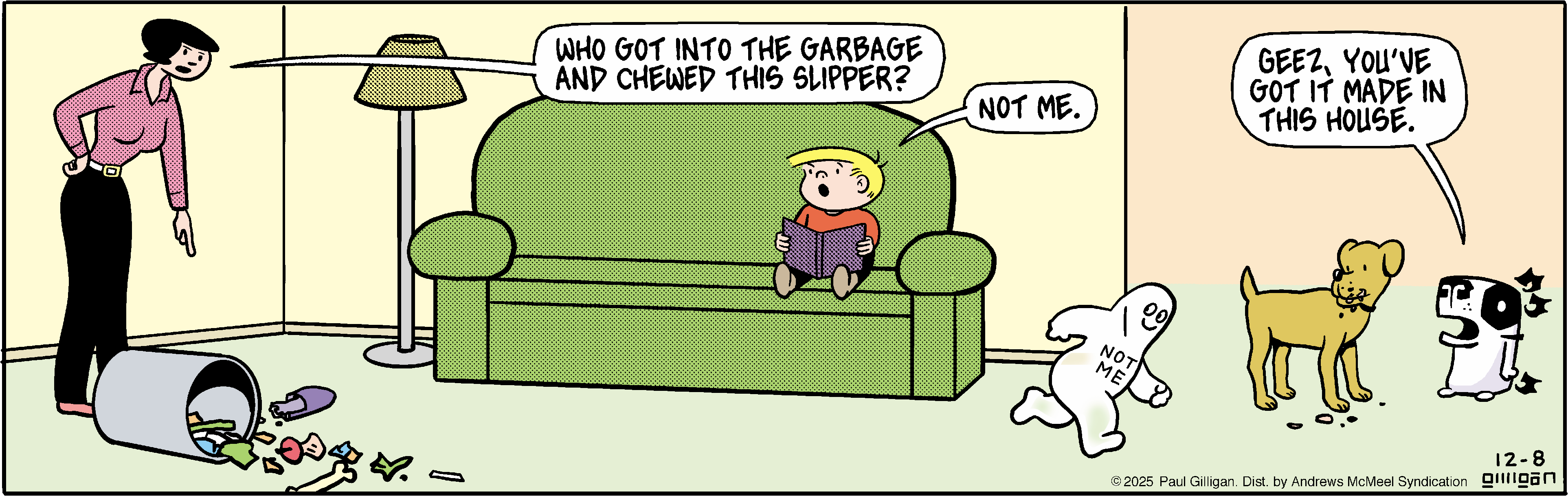 A humorous cartoon depicting a woman questioning a boy about a chewed slipper found in the garbage, while a ghostly figure and a dog look on. The scene captures playful mischief in a home setting, highlighting themes of responsibility and comedy.