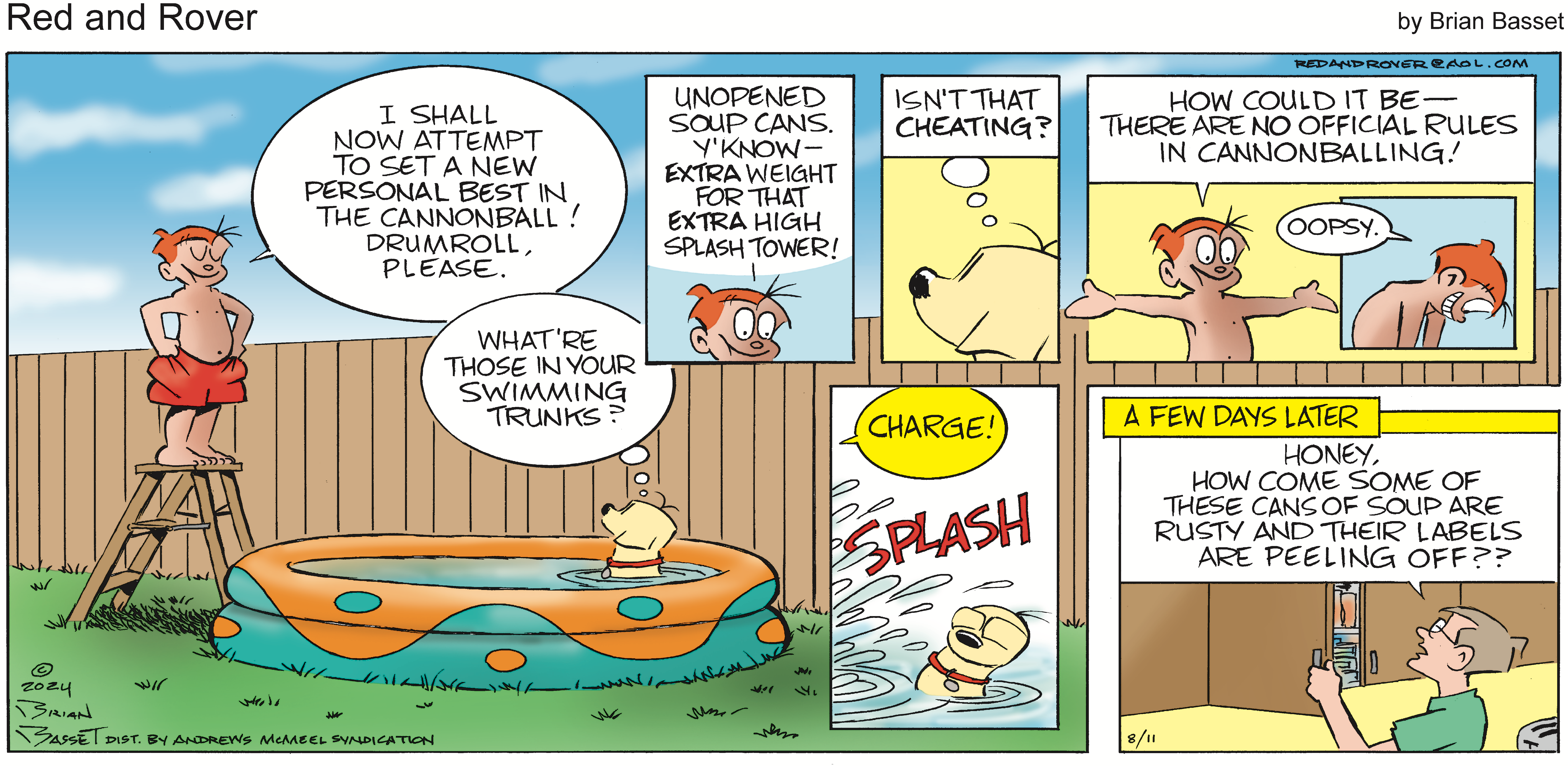 A cartoon scene featuring a dog and a boy in a backyard pool. The boy discusses a new game involving unopened soup cans for extra splash power. The dog prepares to jump in, causing a large splash, while the boy questions if it's fair. The comic captures a playful moment between the characters.