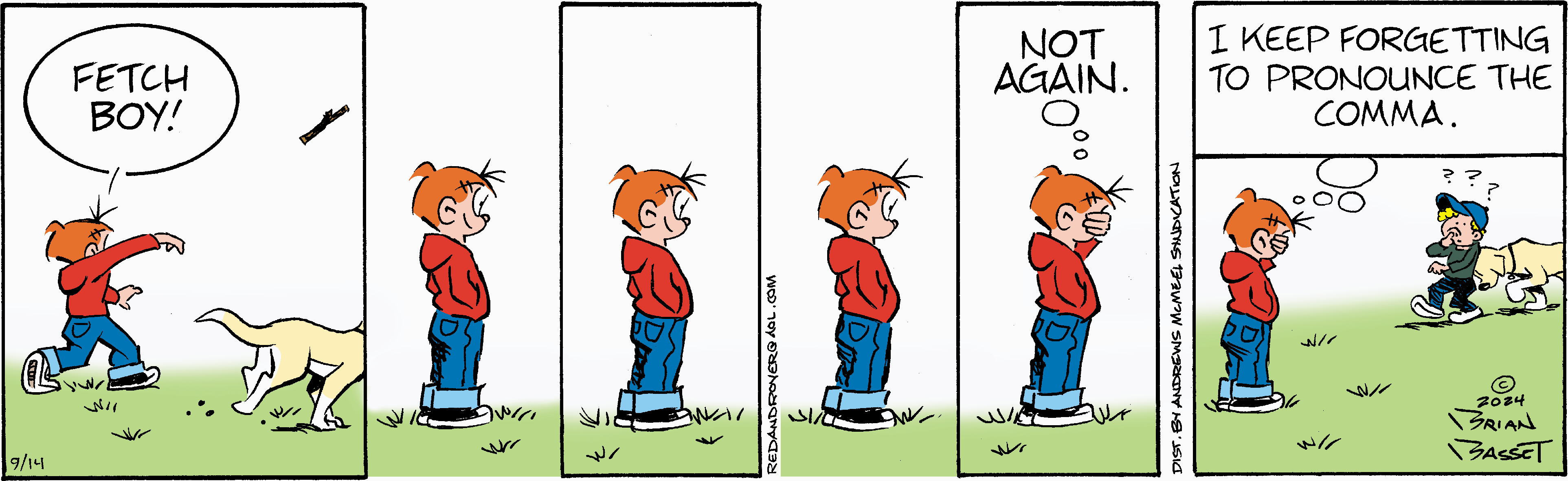 Cartoon illustration of a young boy with red hair, wearing a red hoodie and blue jeans, standing in profile on a grassy area. The image is split into two panels, showcasing the boy's expression and posture, emphasizing a humorous or thoughtful moment.