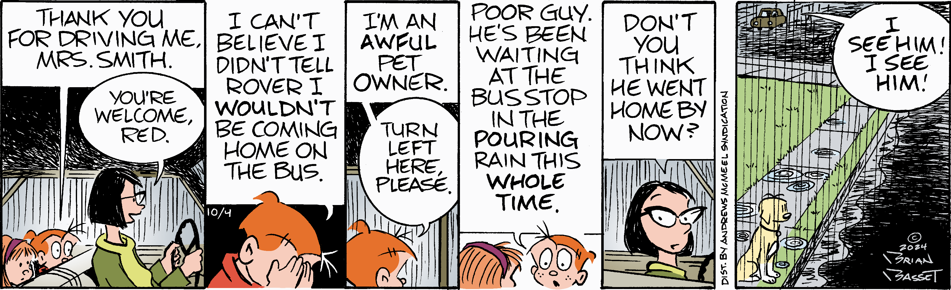 Cartoon panel featuring two characters discussing a pet owner’s neglect, with one character expressing sympathy for a person waiting at a bus stop in the rain. The dialogue highlights themes of responsibility and empathy.