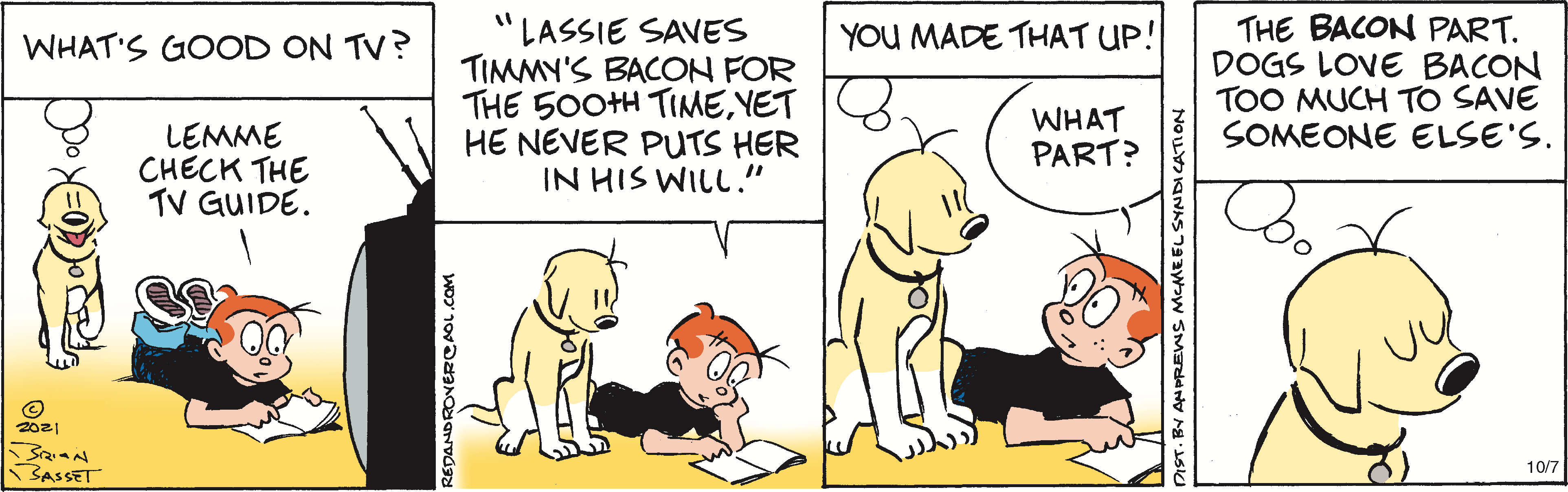 Comic strip featuring a humorous exchange between a dog and a boy discussing TV shows and bacon. The dog offers to check the TV guide, and they joke about a character named Lassie saving bacon but not being included in a will, highlighting dogs' love for bacon.