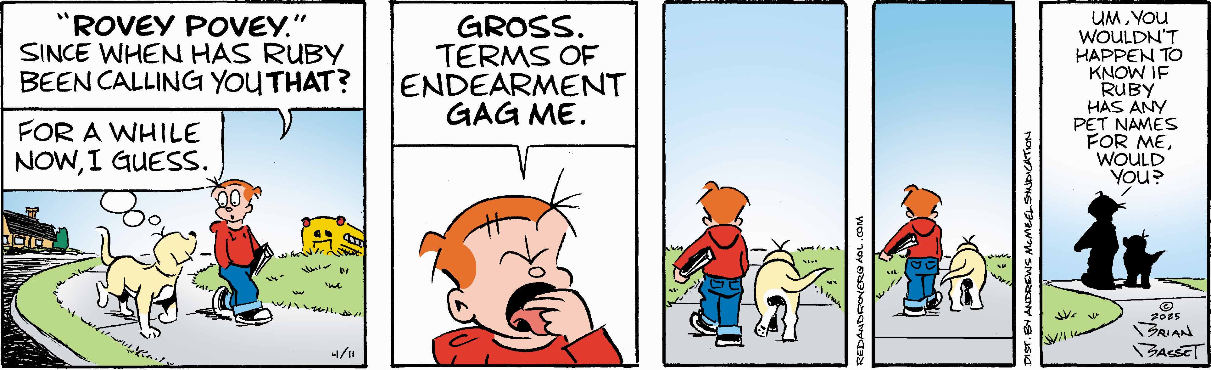 Two-panel comic featuring a child expressing disgust at terms of endearment. The first panel shows the child with a shocked expression saying 