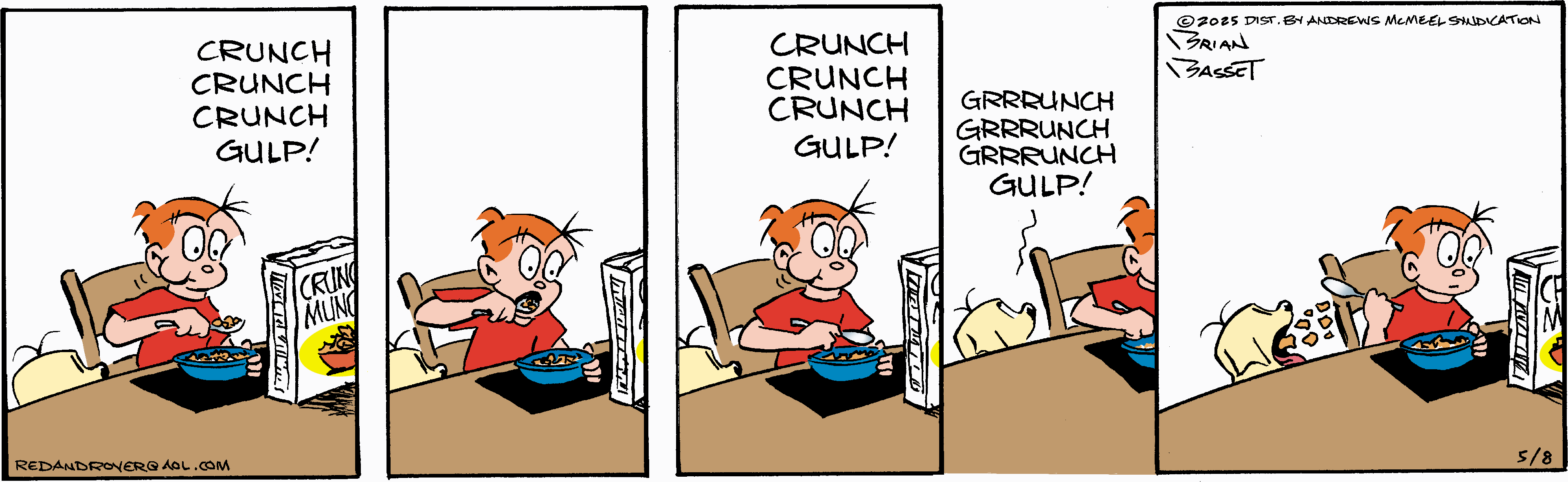 A young boy enjoys a bowl of cereal at the breakfast table, animatedly munching and gulping while a playful dog watches eagerly, hoping to share in the meal. The comic strip captures the fun and chaos of breakfast time.