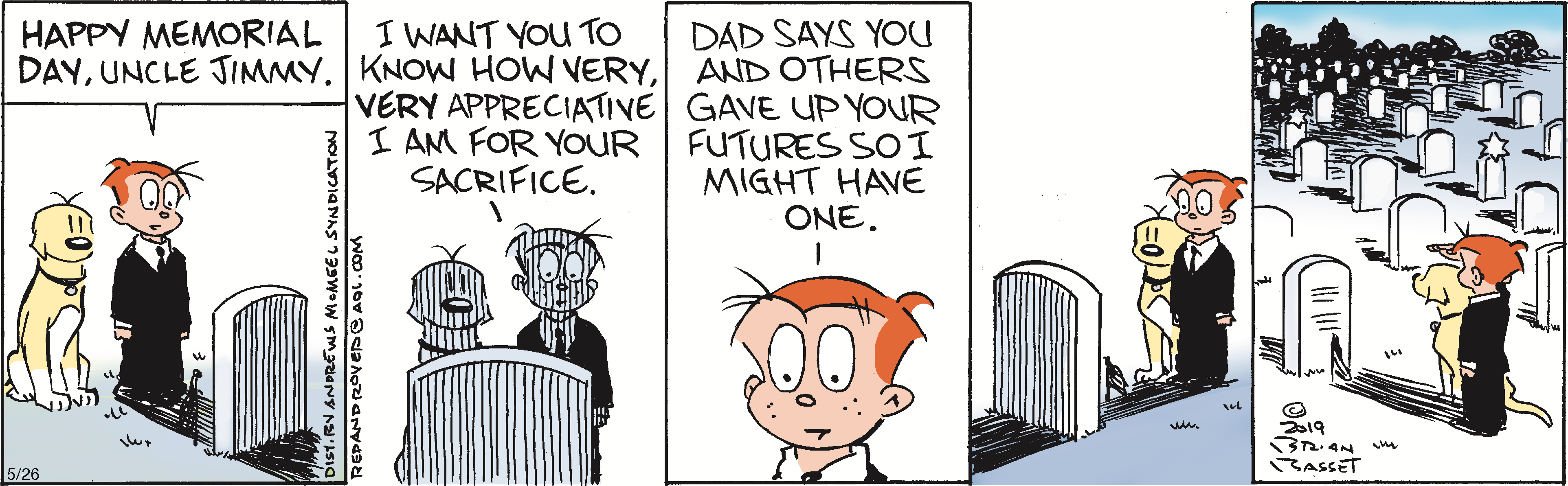 A comic strip featuring a young boy with orange hair discussing the sacrifices made by others for his future, set against a backdrop of tall buildings. The scene captures a serious conversation about responsibility and generational impact.