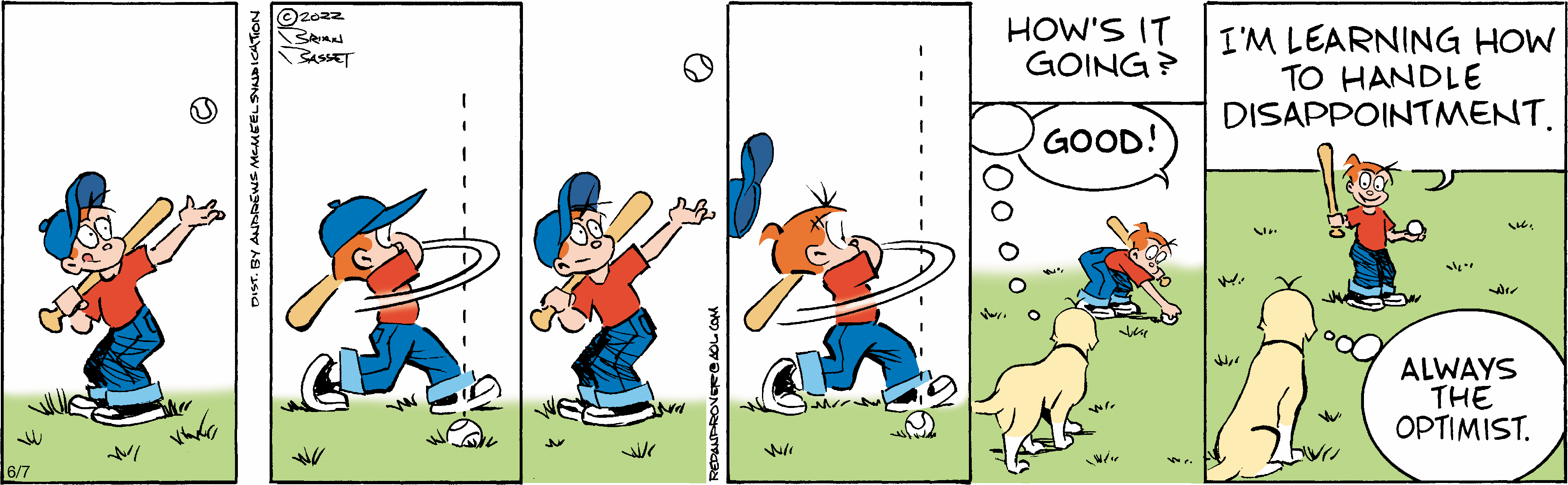 A comic strip featuring a young boy practicing baseball swings, humorously reflecting on learning to handle disappointment while engaging with a dog. The boy's optimistic attitude contrasts with his missed hits, showcasing a lighthearted take on resilience and positivity.