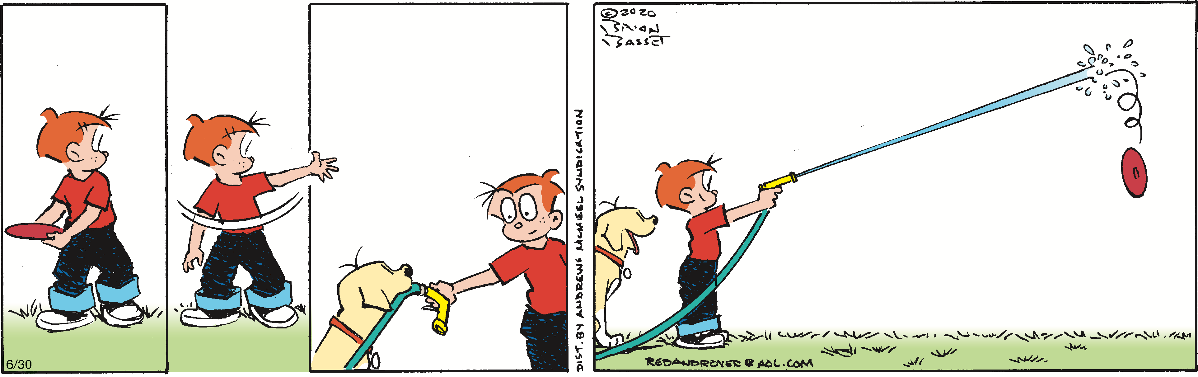 A young boy holding a garden hose with a spray nozzle, accompanied by a dog, in a playful outdoor setting. The scene captures a lighthearted moment of summer fun and gardening activities.