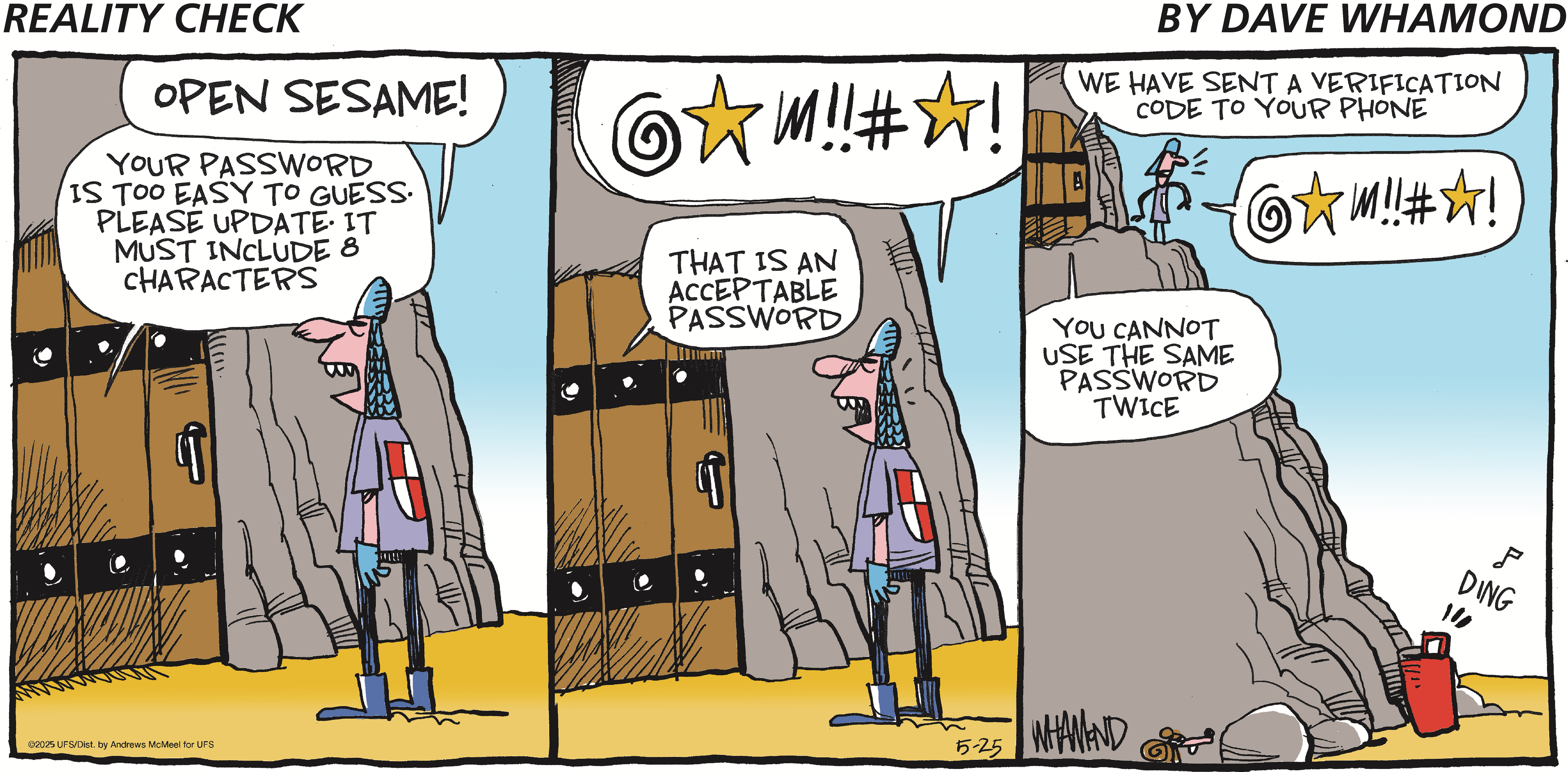 Cartoon depicting a humorous take on password security. A character attempts to open a door with the phrase 