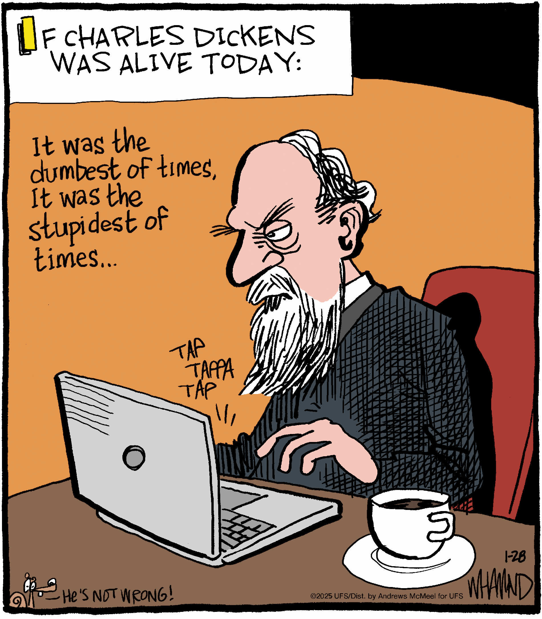Cartoon depicting Charles Dickens at a laptop, humorously reimagining him in modern times. He types 