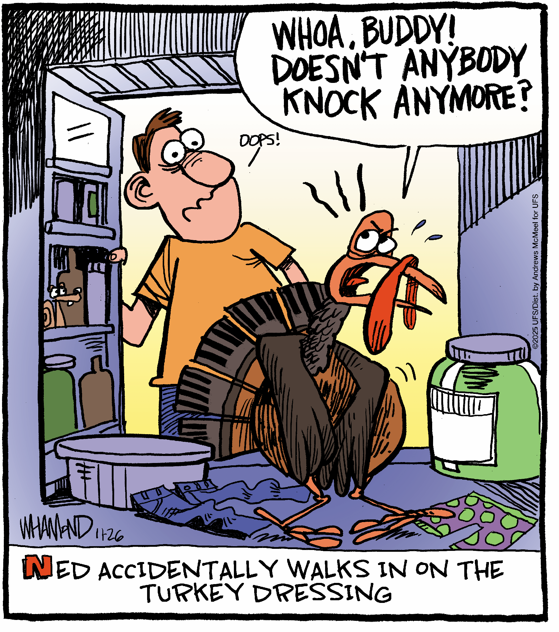 A humorous cartoon depicting a surprised man in a kitchen discovering a turkey wearing a chef's hat and apron, expressing frustration about not being knocked on. The scene highlights a comical take on Thanksgiving preparations.