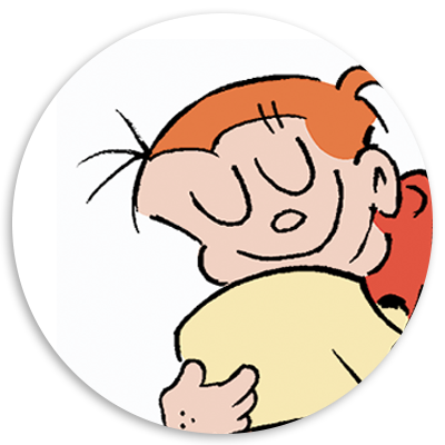 Cartoon character with red hair and a cheerful expression, wearing a yellow shirt, smiling and hugging themselves.
