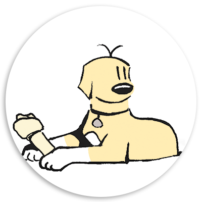 Cartoon illustration of a friendly yellow dog lying down with a bandaged paw, featuring a collar and a playful expression, set against a circular white background.