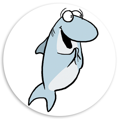 Cartoon shark character with a cheerful expression, smiling and clasping its fins, set against a circular white background.