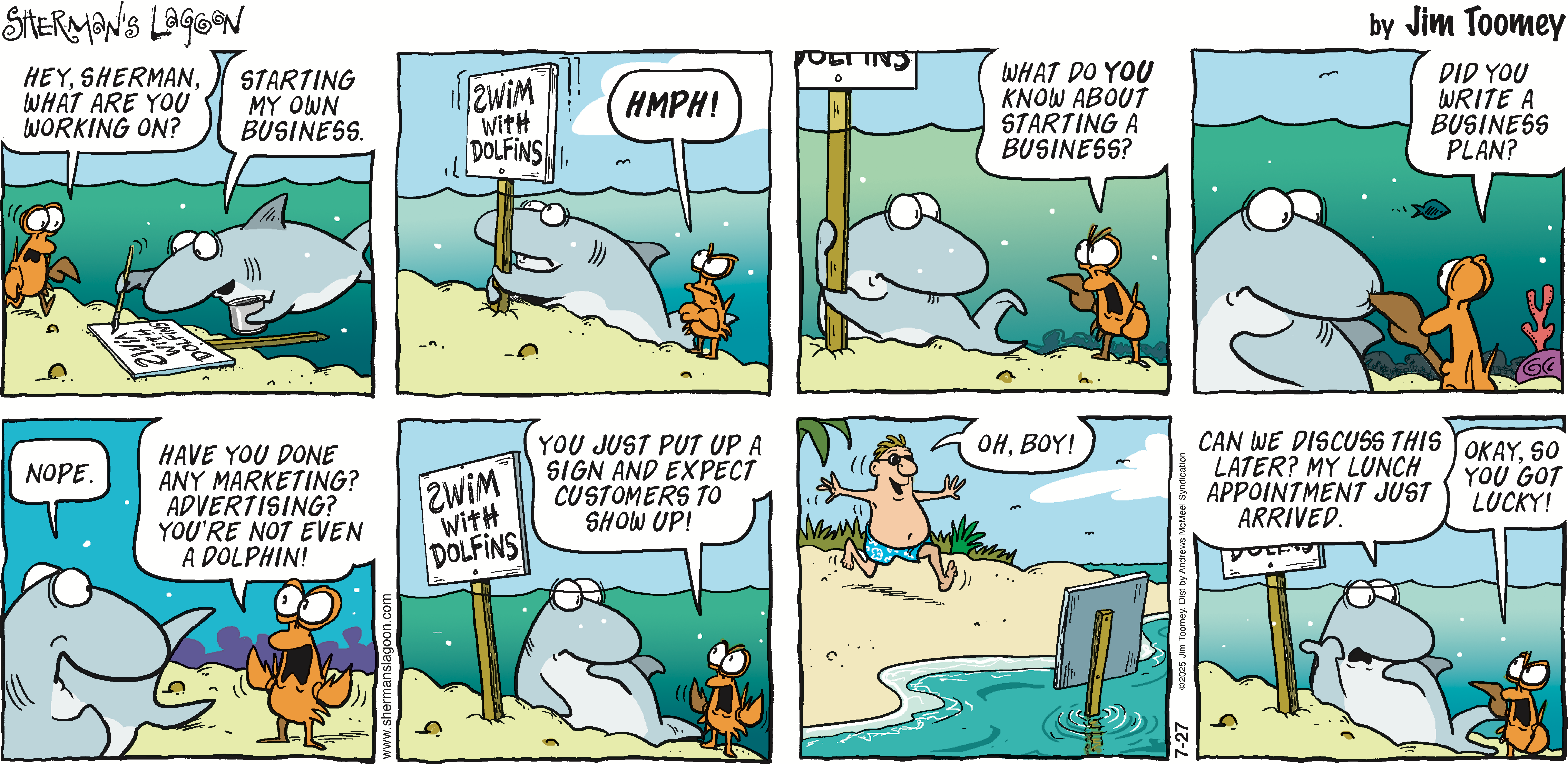 A cartoon strip featuring a shark named Sherman and a crab discussing business ideas. Sherman is attempting to start a business called 