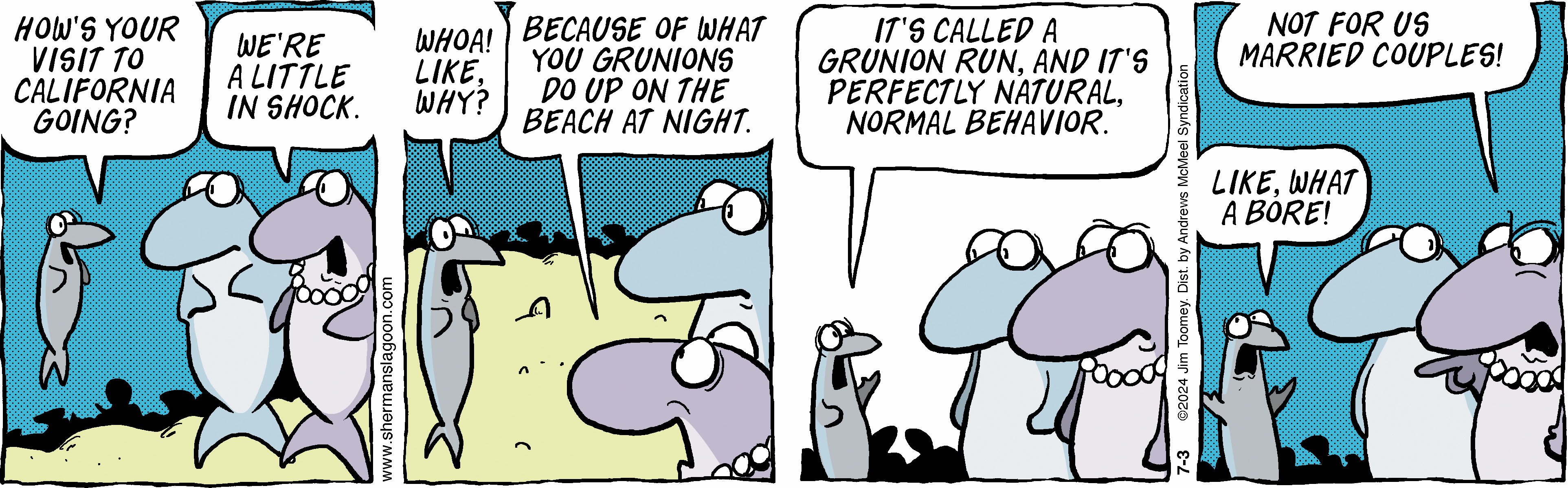 Comic strip featuring cartoon fish discussing their visit to California. One fish expresses shock, while another explains the natural phenomenon of a grunion run occurring at night, humorously contrasting it with the perspective of married couples.