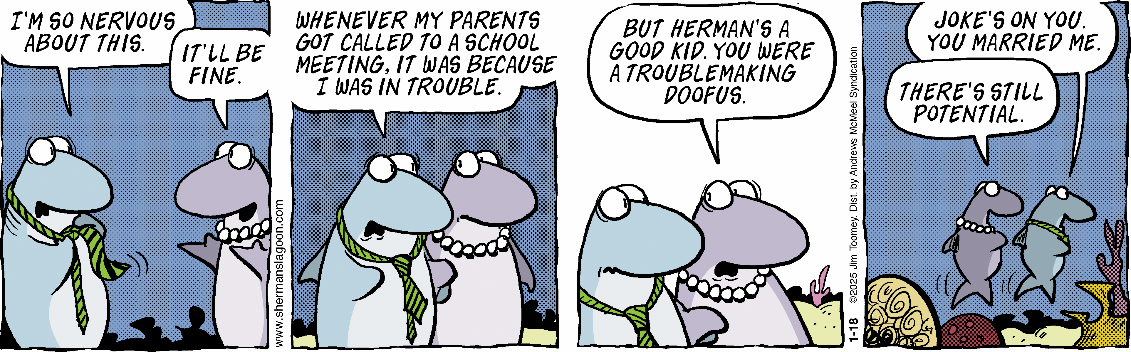 Two cartoon fish converse in a humorous scene, one expressing nervousness about a school meeting, while the other reassures them. The dialogue highlights past experiences with parental meetings and playful banter about being a troublemaker. The underwater setting adds a whimsical touch to the comic strip.