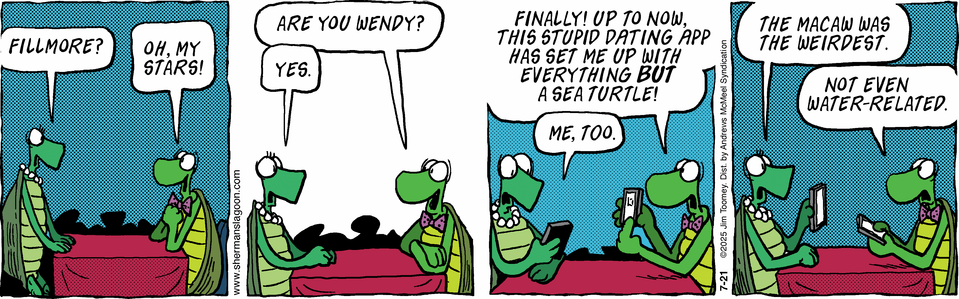 Two cartoon turtles sitting at a table, discussing their experiences with a dating app. One turtle expresses frustration about being matched with unusual partners, while the other agrees. The scene conveys humor related to the challenges of online dating, with colorful, engaging artwork.