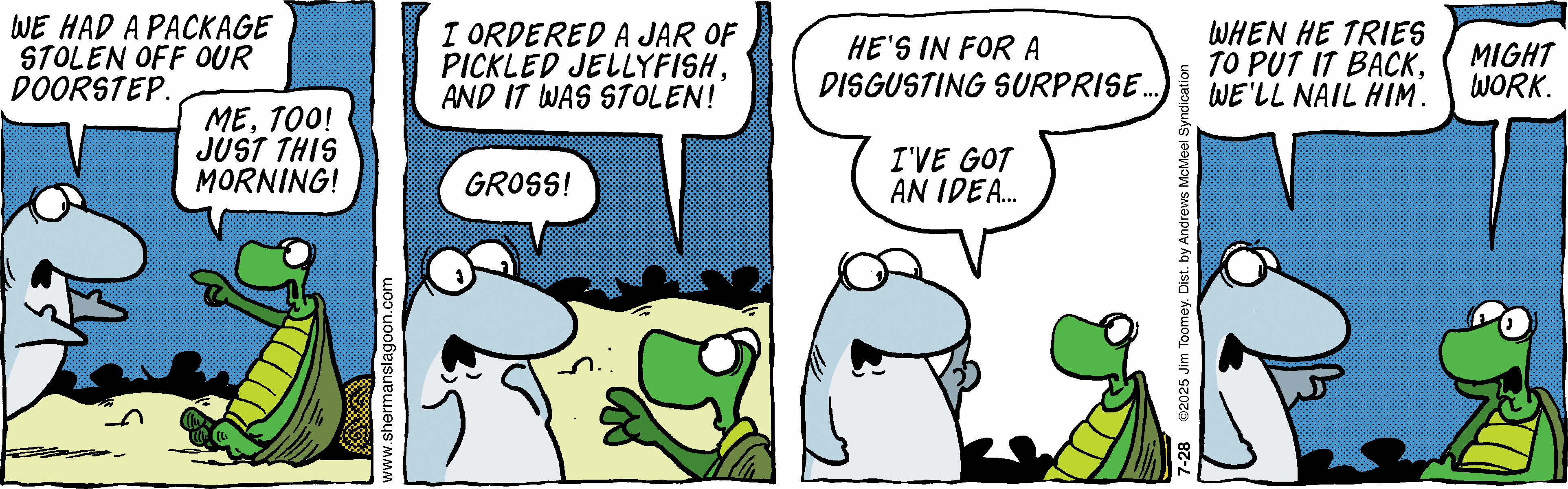 Cartoon depicting a conversation between two animated characters, a shark and a turtle, discussing stolen packages. The shark shares frustration about a stolen jar of pickled jellyfish, while the turtle suggests a humorous plan for revenge. The scene captures a lighthearted take on package theft and friendship.