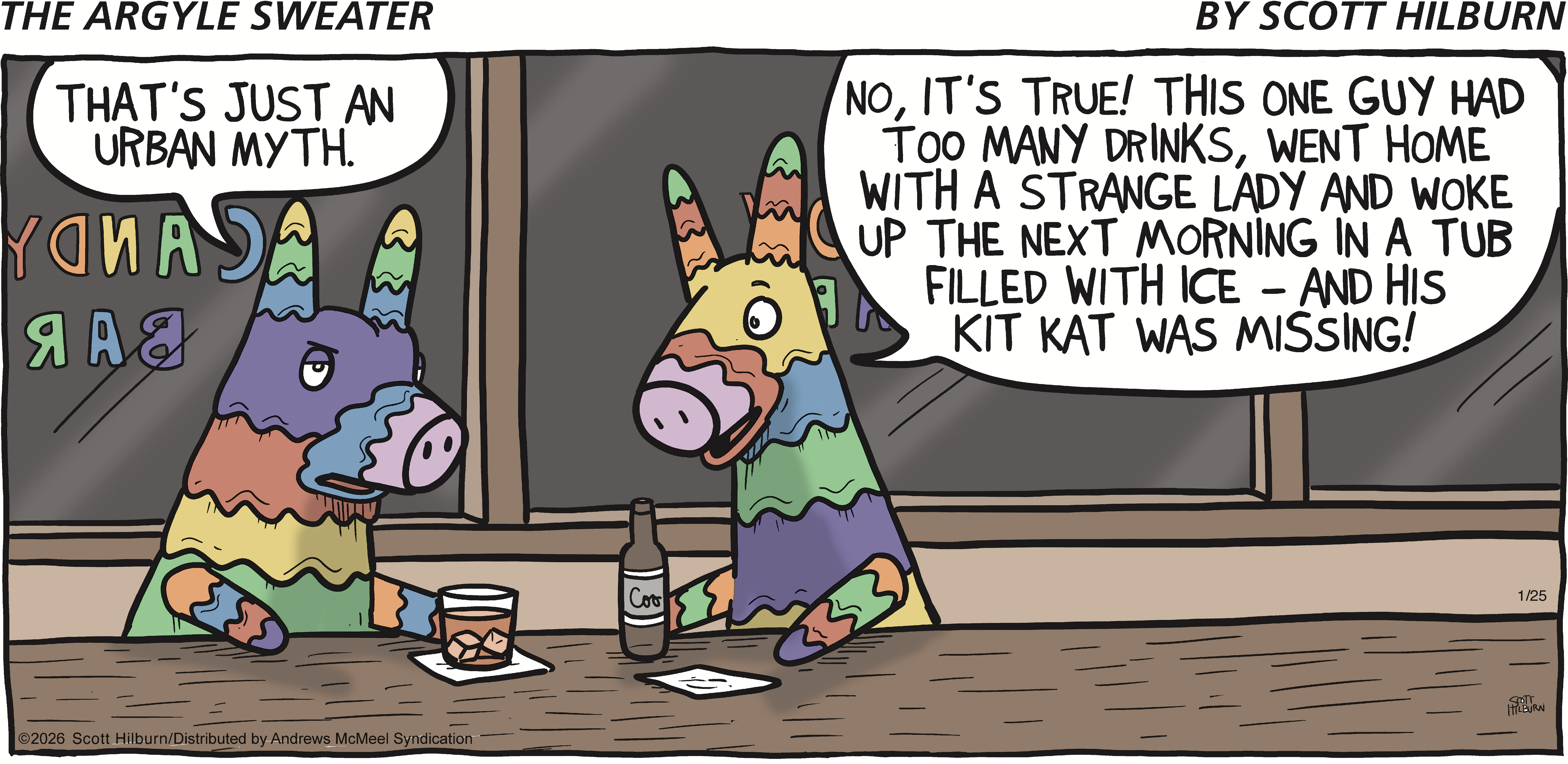 Two colorful cartoon piñatas sitting at a bar, one sharing a humorous story about a wild night involving drinks and a missing Kit Kat, with a sign in the background reading 