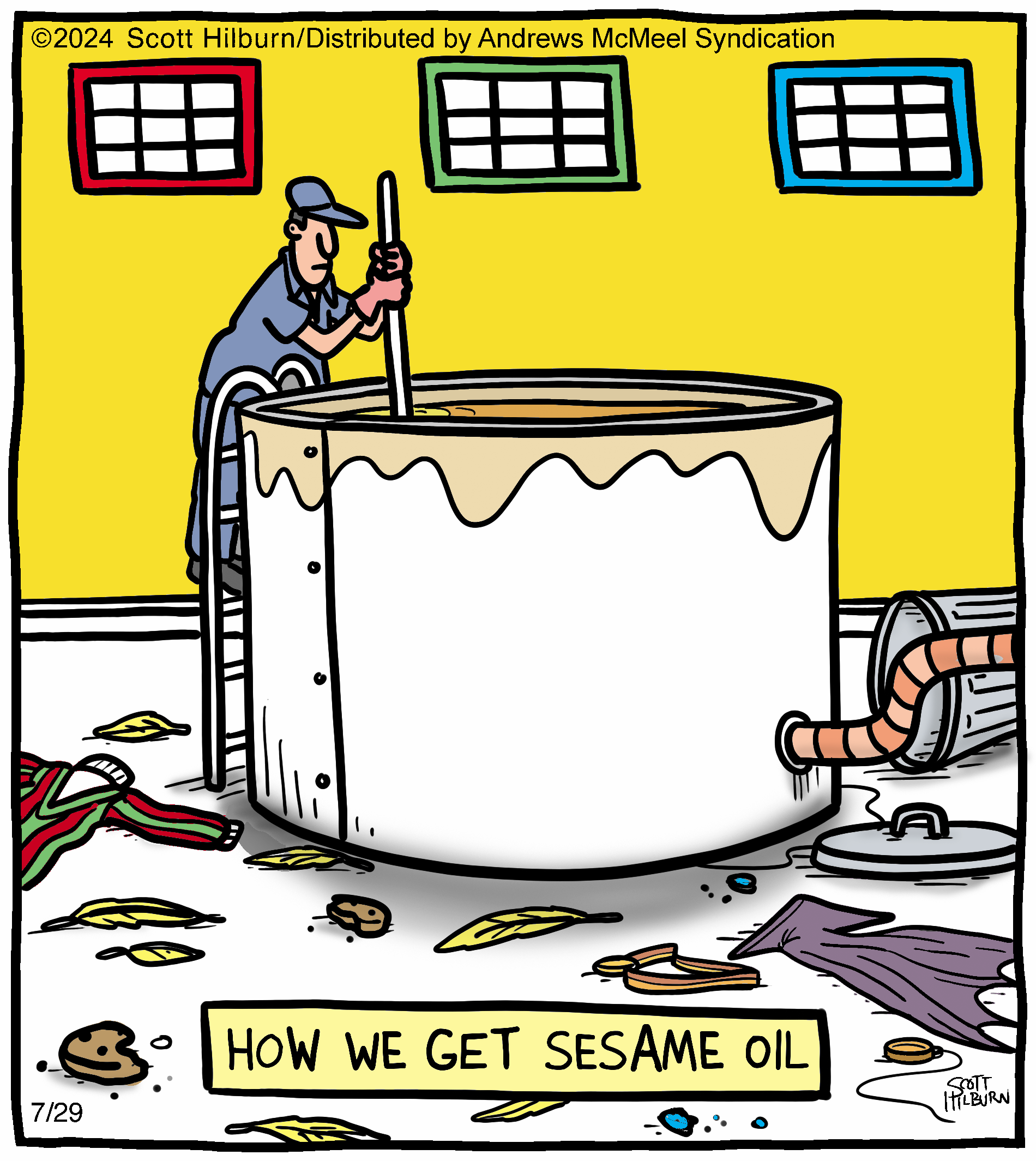 Cartoon depicting a worker stirring a large pot of sesame oil, with a humorous take on the process of extracting sesame oil. The scene includes colorful walls, scattered items on the floor, and a playful title at the bottom reading 
