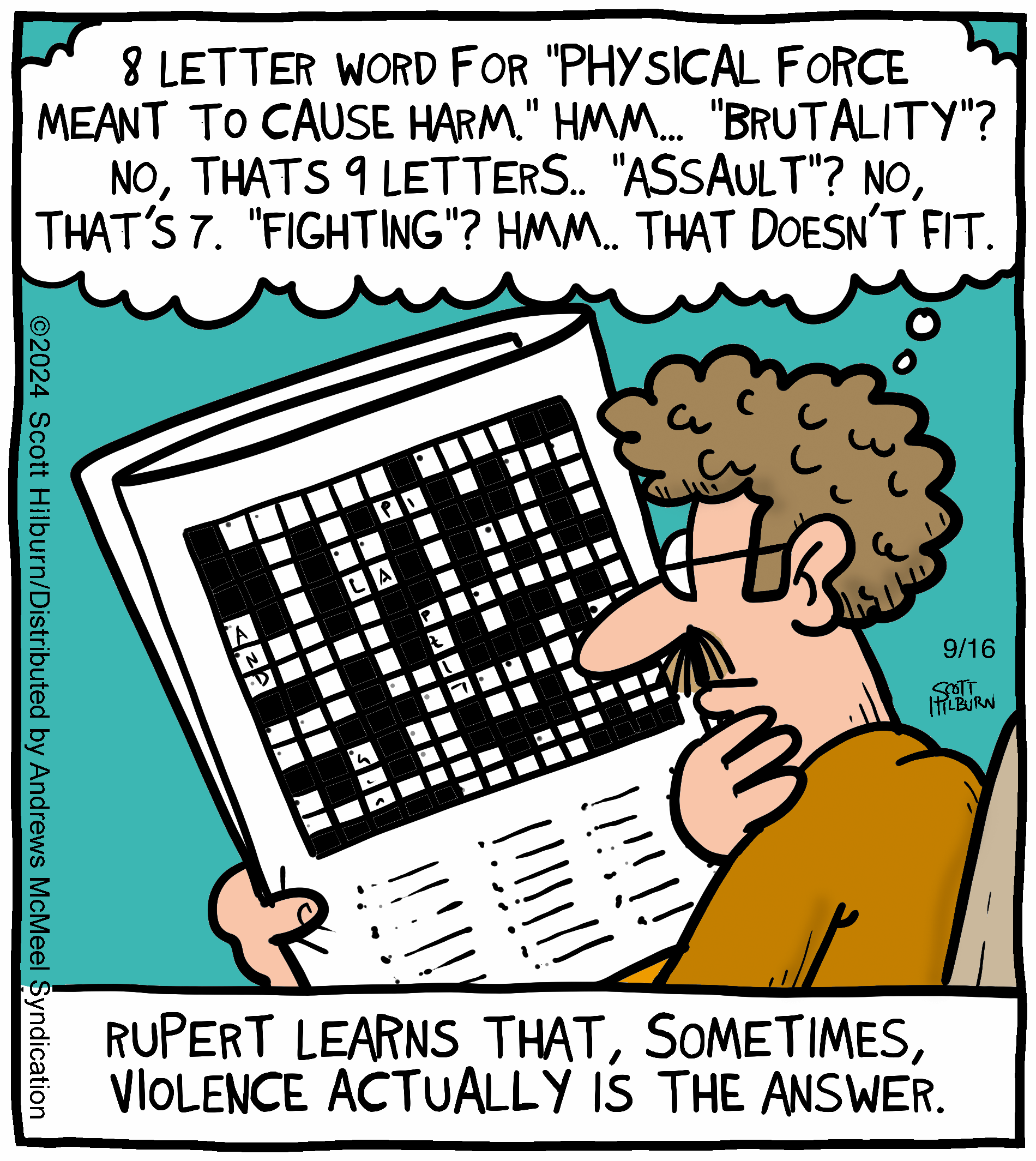 Cartoon depicting a man with curly hair and glasses pondering an 8-letter word for 